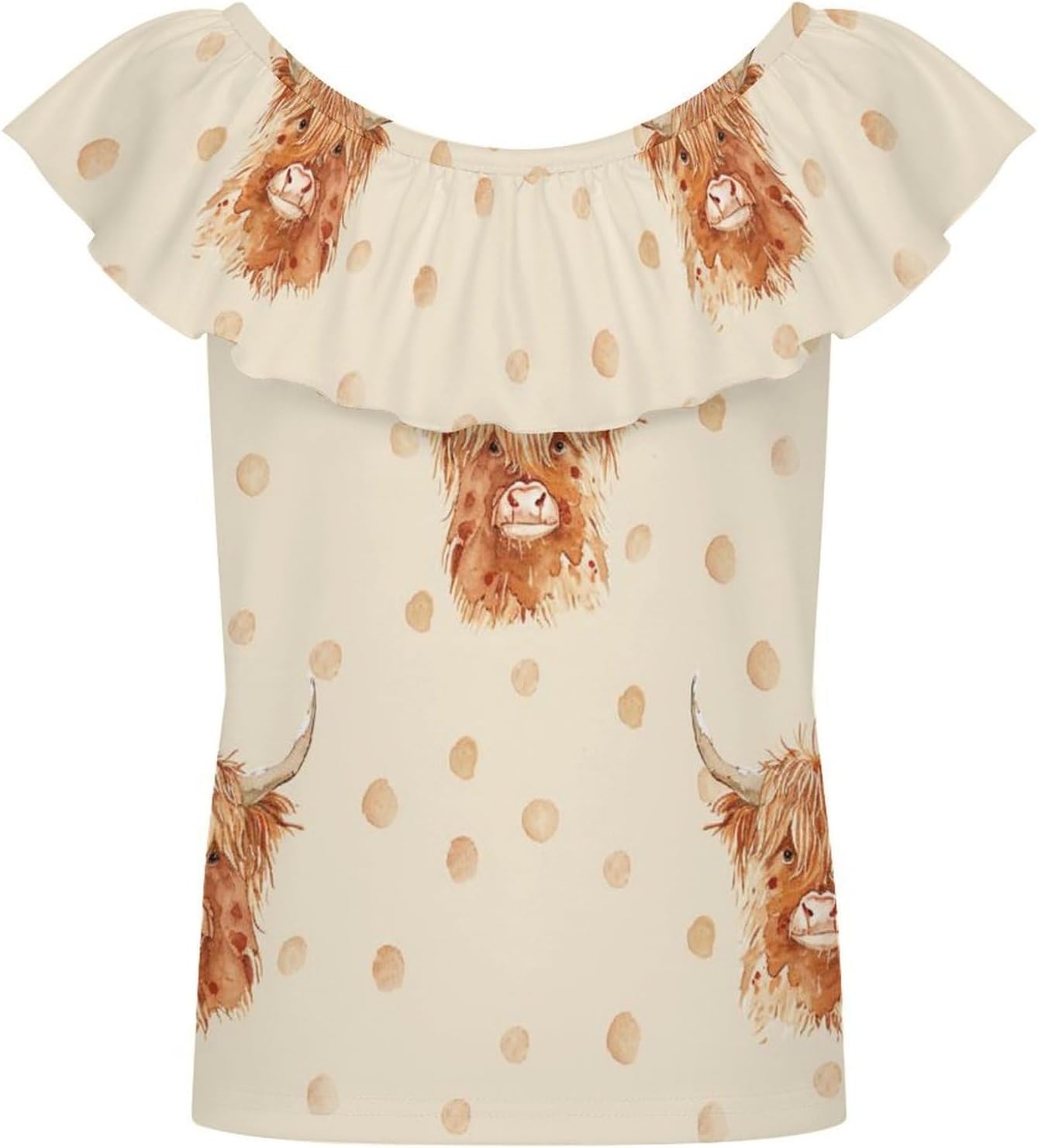 Scottish Highland Cow and Dot Girls T-Shirts Top Ruffle Short Sleeve Blouse Casual Graphic Tees