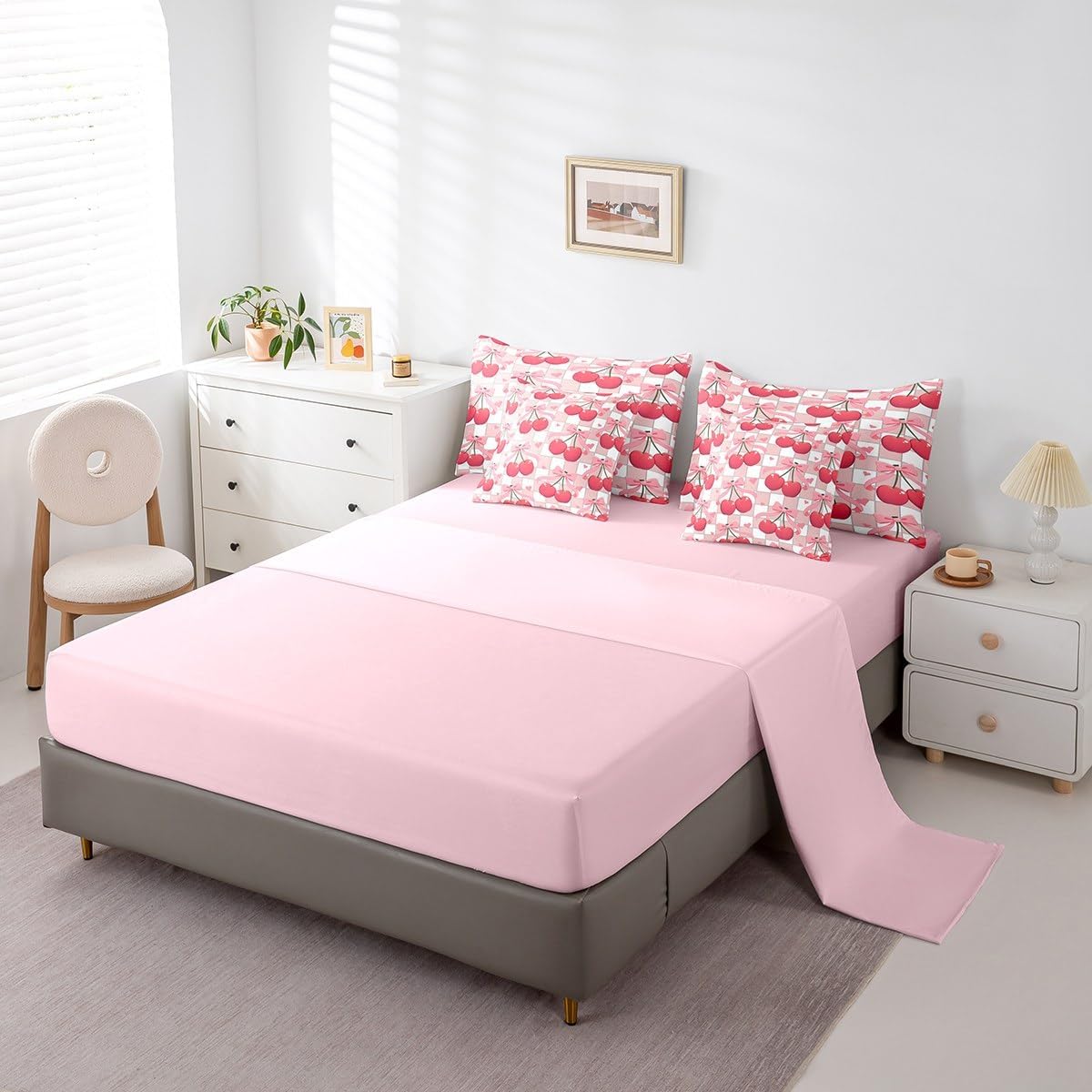 Erosebridal Cherry Bow Queen Comforter Set 7 Pcs Pink White Bowknot Checkered Bedding Set with Sheets for Girls Women,Geometric Plaid Bow Knot Bed in A Bag Cute Love Hearts Kawaii Room Decor