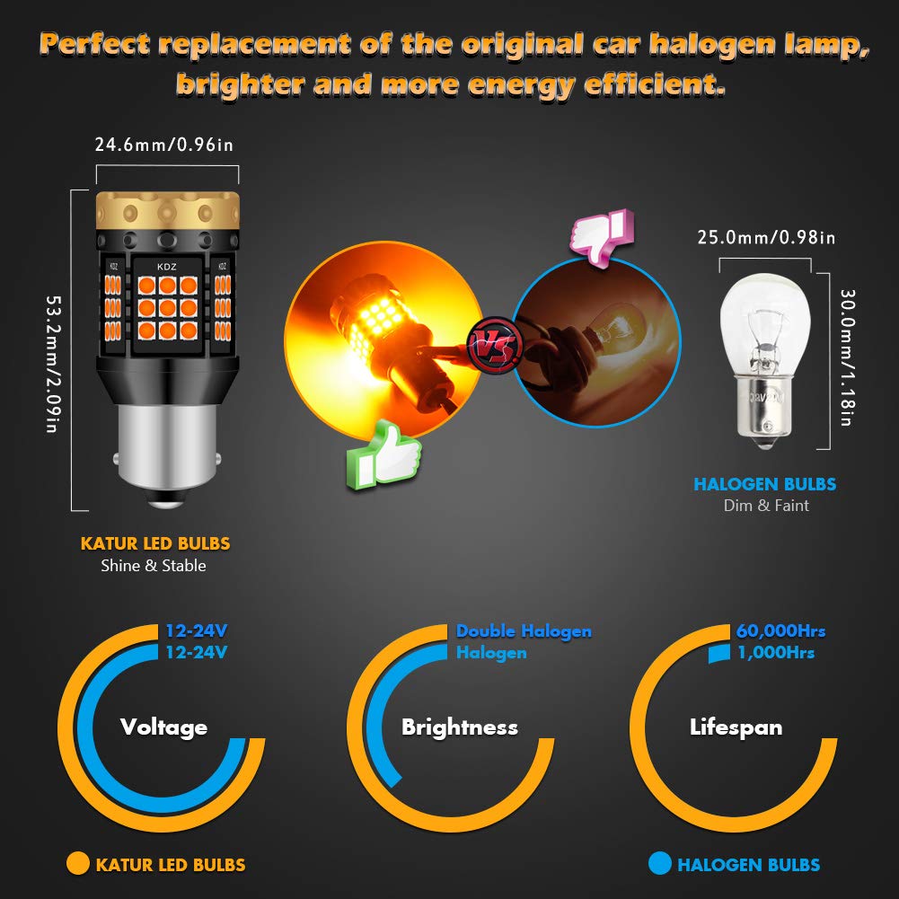 KATUR Super jasne żarówki LED 1156 BA15S bursztynowe żółte 3030 45SMD zamiennik Canbus, bez błędów, do przednich i tylnych świateł kierunkowskazów LED (2 sztuki)