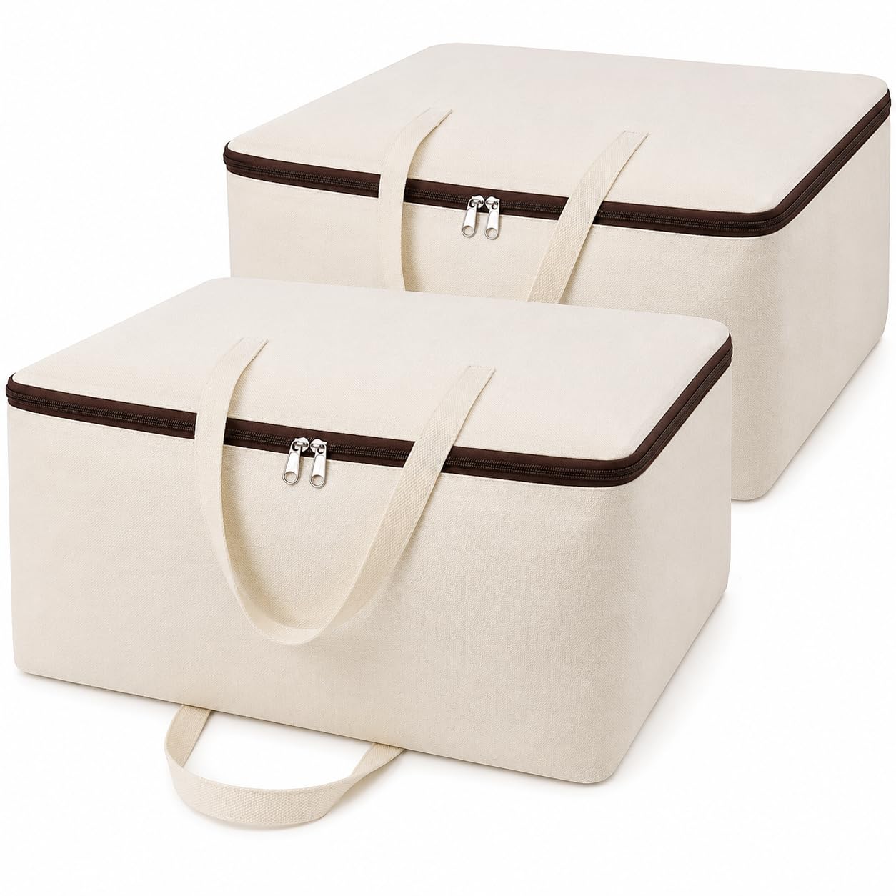 TAKIVA Cotton Canvas Foldable Bed Storage Organizer Pack Of 2 | Quilt Storage Bags Big Size, Blanket Storage Of Extra Large, Underbed Storage Bag For Clothes (60 X 45 X 22 Cm), Off-White-image-12