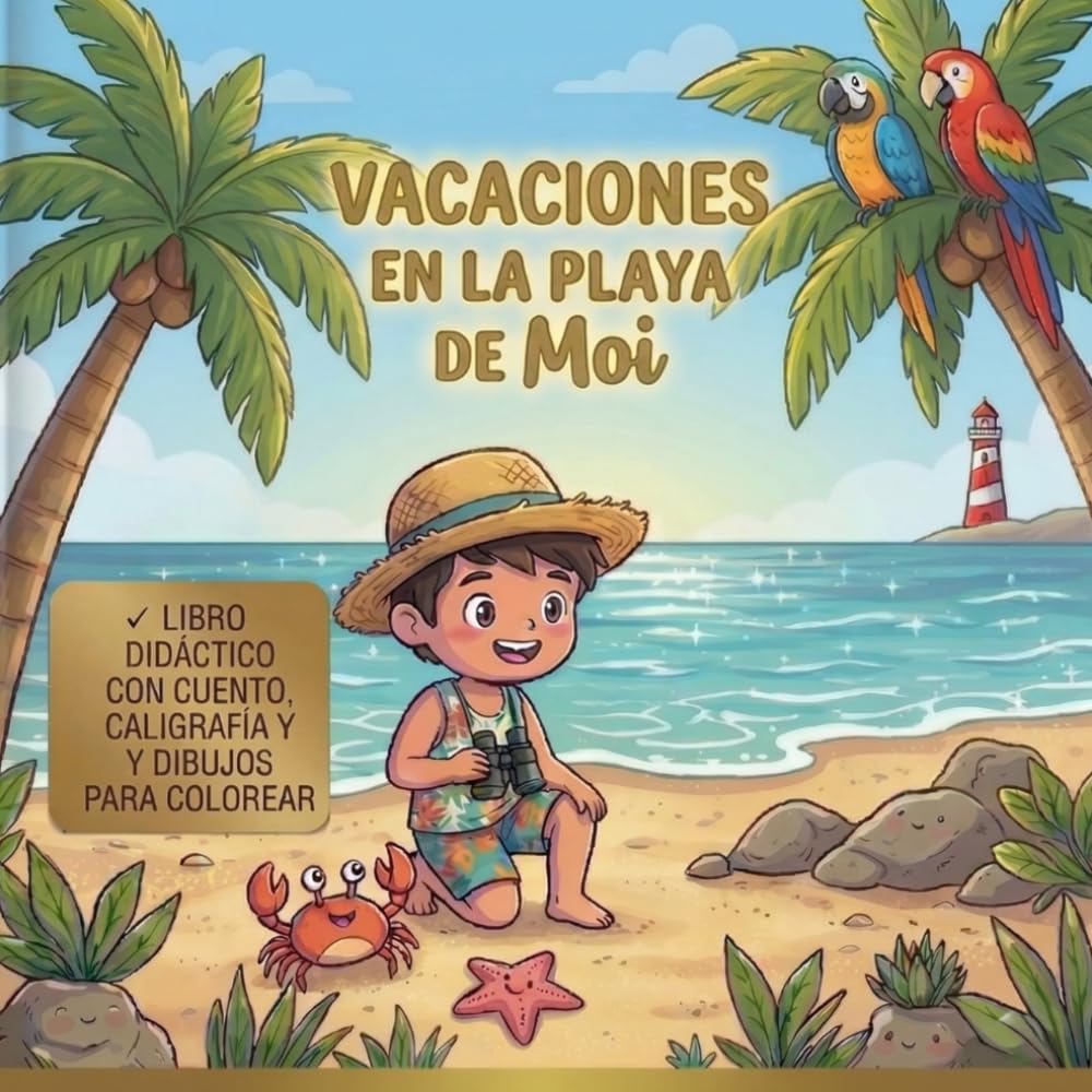 Vacaciones en la playa de moi: Libro 3 en 1 para niños: Cuento infantil, dibujos para colorear y ejercicios de caligrafía (Vol. 3) (Aventuras de Moi)