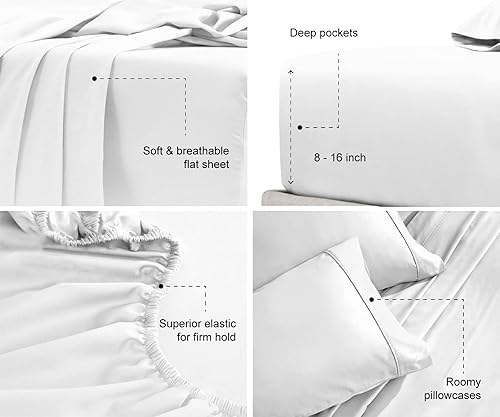 Miniatura 2 de Pieridae Juego de sábanas de tamaño King de 4 piezas, sábanas blancas de lino ultra suaves y transpirables para cama tamaño King, sábanas de cama