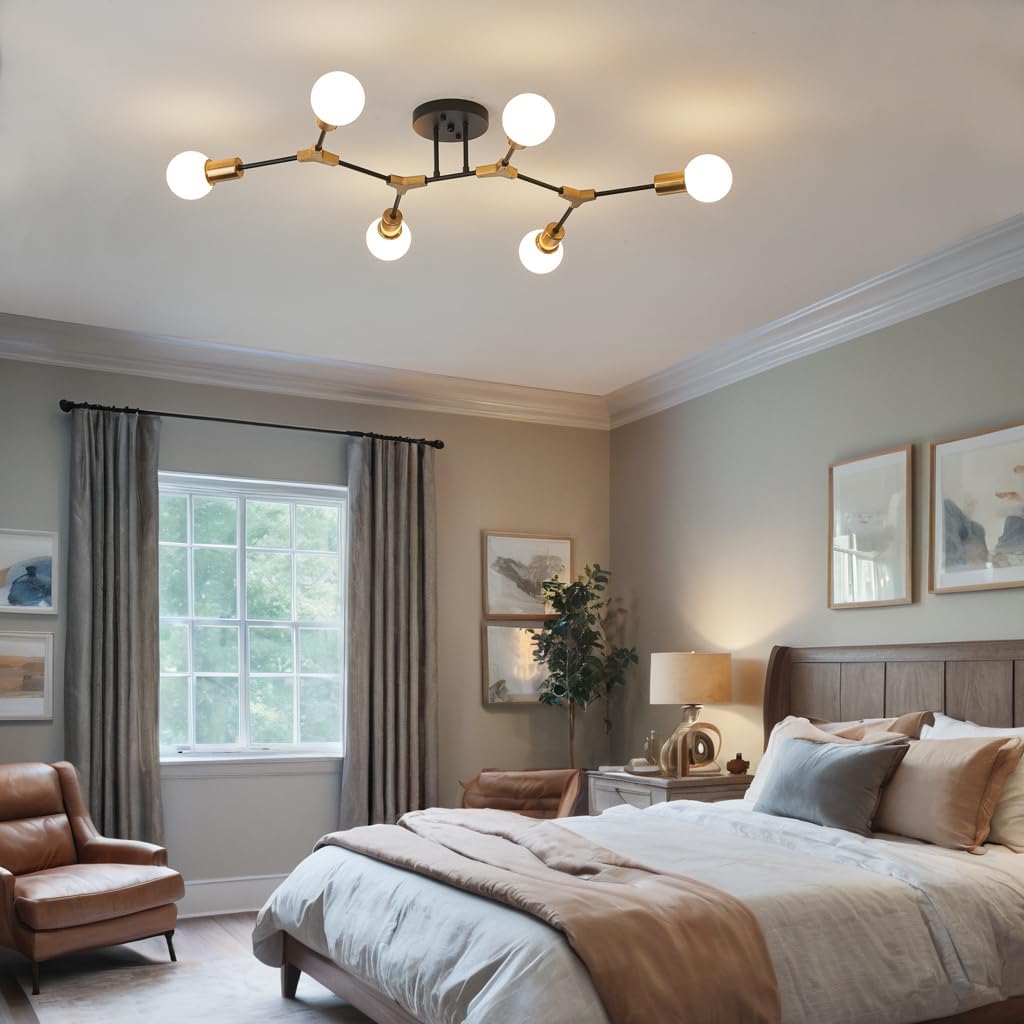 Modern Mid Centur 6 Light Semi Flush Mount Ceiling Lighting Fixture for Living Room Bedroom Dining Room Hallway Kitchen Office,Minimalist Gold and Black Sputnik Chandelier