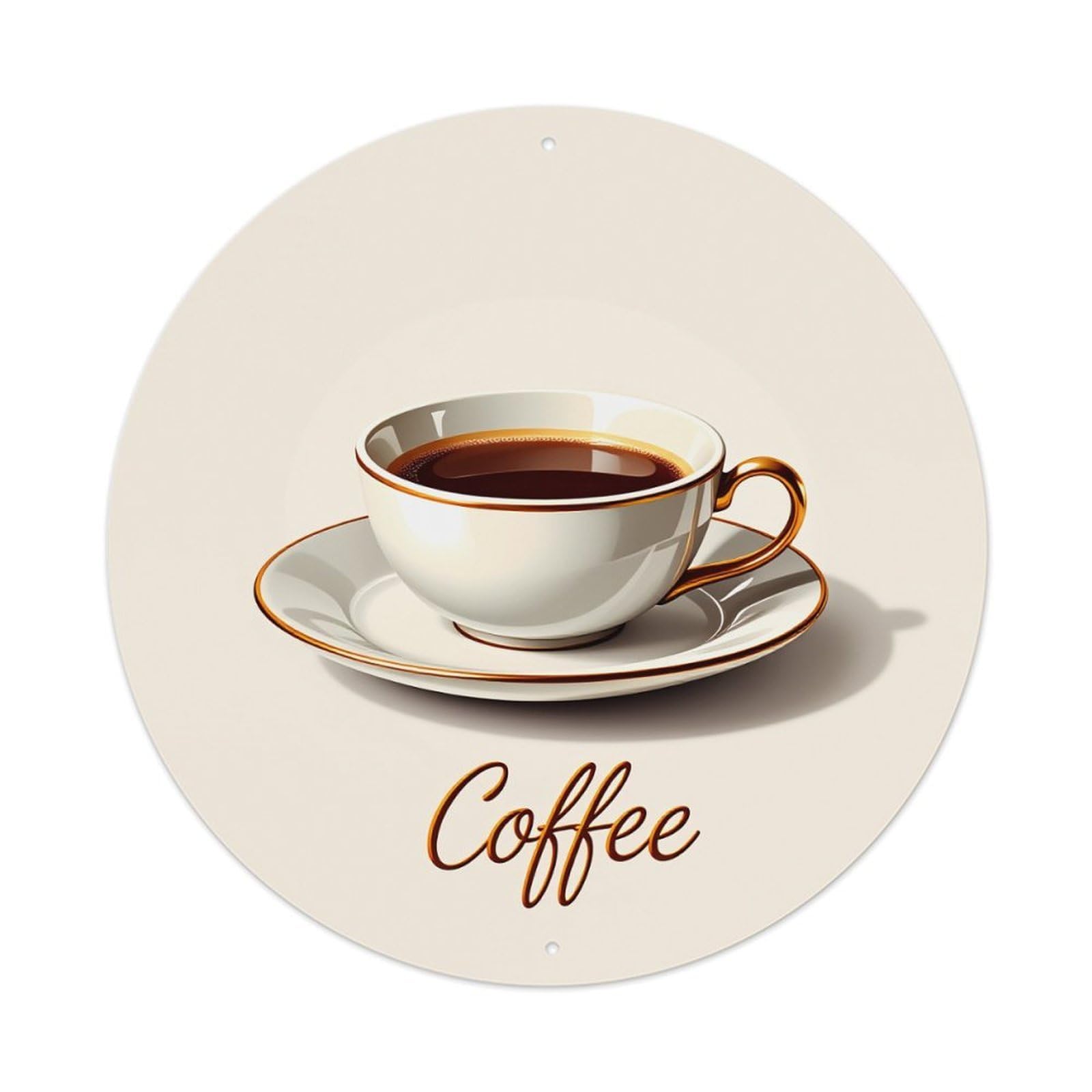 Coffee Cup Saucer Gold Trim Vintage Metal Tin Sign Retro Wall Decor for Home Bar Garage Cafe, Indoor & Outdoor Decorative，circle Metal Poster, 8x8 Inch
