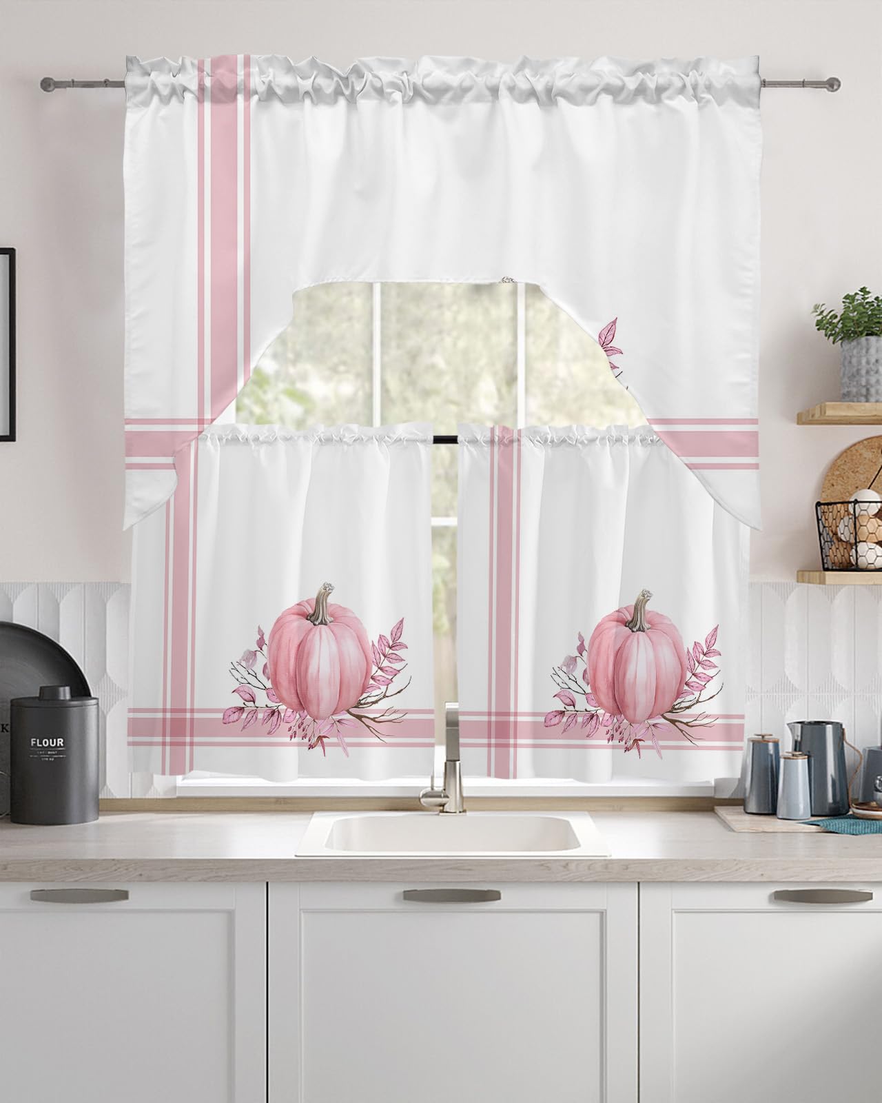Blush Pink Pumpkin Swag Kitchen Curtain Sets with Valance,3 Pieces Rod Pocket Curtain Drapes for Bedroom Living Room Bathroom Windows,Thanksgiving Eucalyptus Leaves 56''x36'' & 24''x27.5''x2Panels