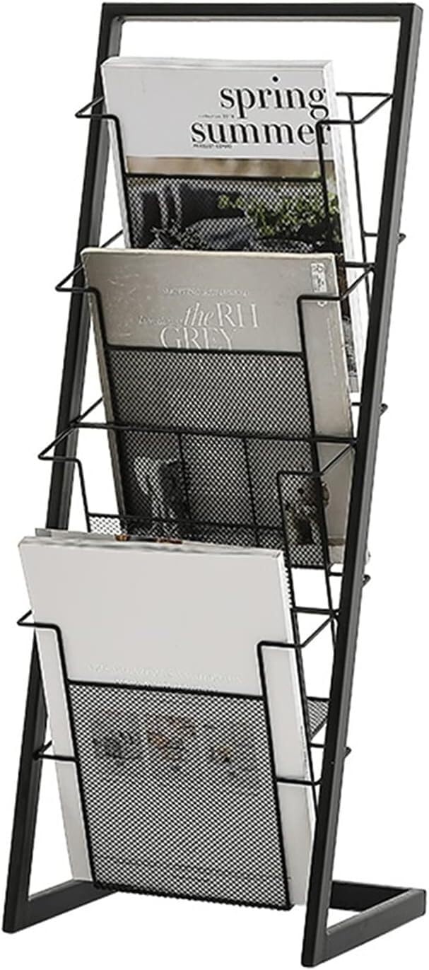Porte-revues en fer noir pliable avec étagères de présentation pour catalogues et dépliants