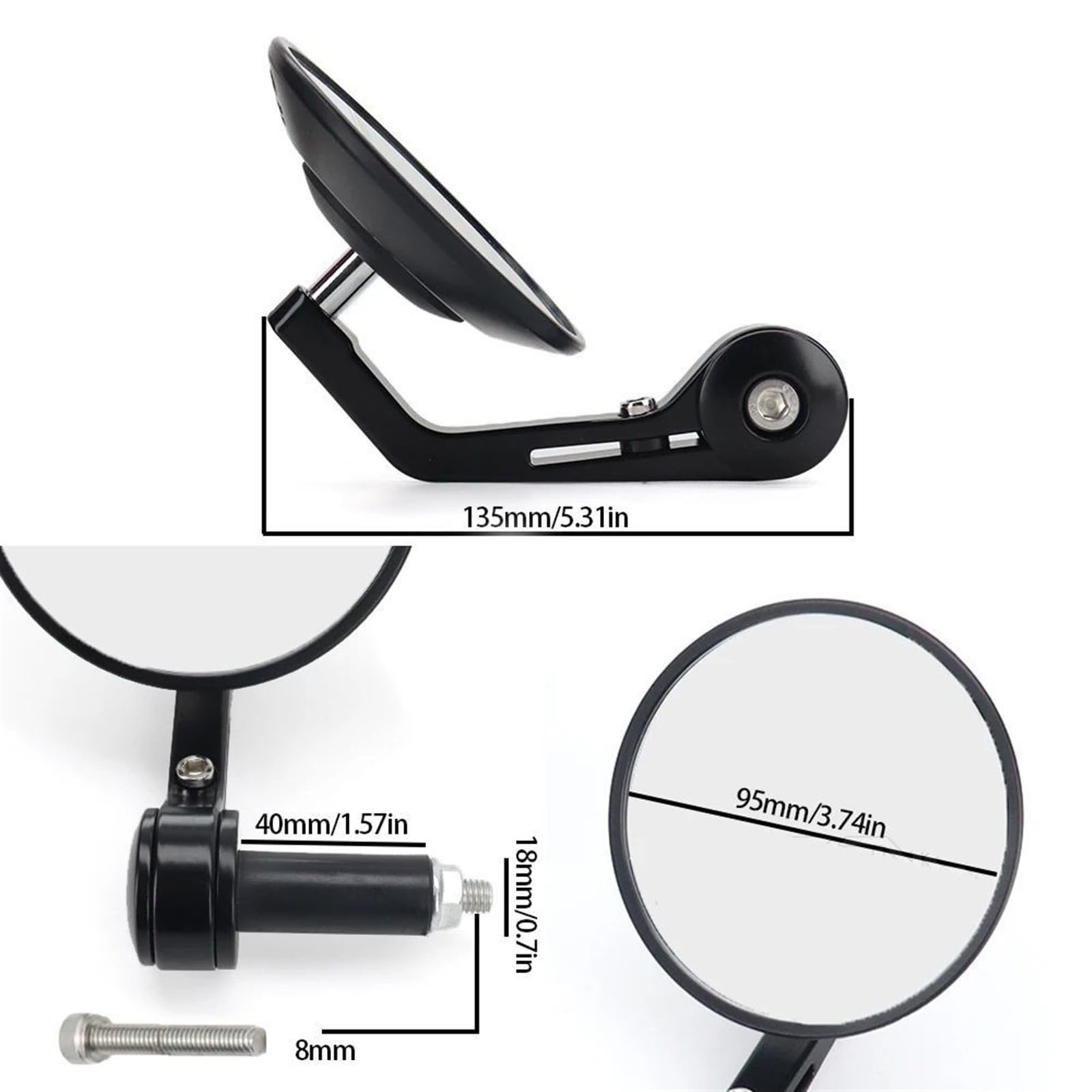 MKBHD Lusterka wsteczne 95MM Akcesoria motocyklowe Tramwaj rowerowy Pojazd terenowy Terenowy Kierownica Końcówka Szkło Lusterko boczne(Black)