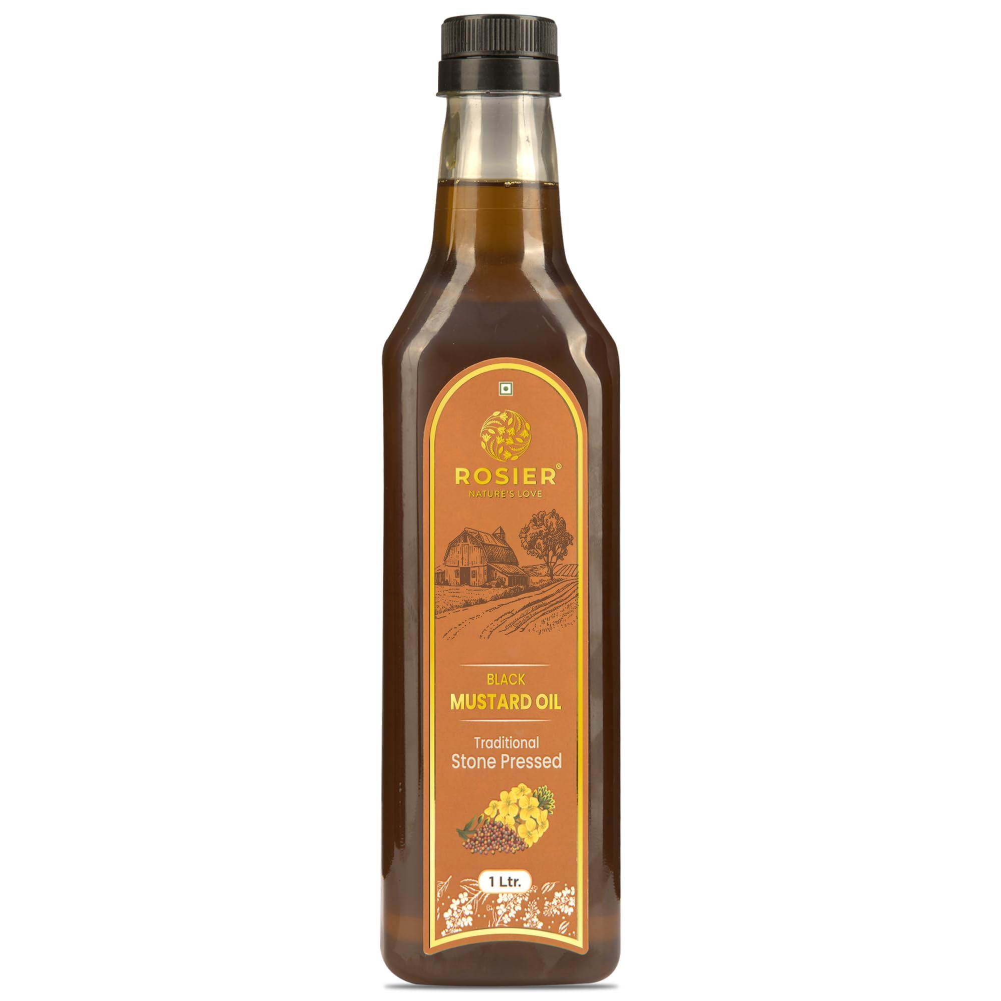ROSIER Organic Black Mustard Oil (1 L) | Traditional Stone Pressed Single Filtered Cooking Oil | Kolhu/Kacchi Ghani/Chekku | Pure, Natural and Healthy Stone Pressed Mustard Oil for Cooking 1 Litre