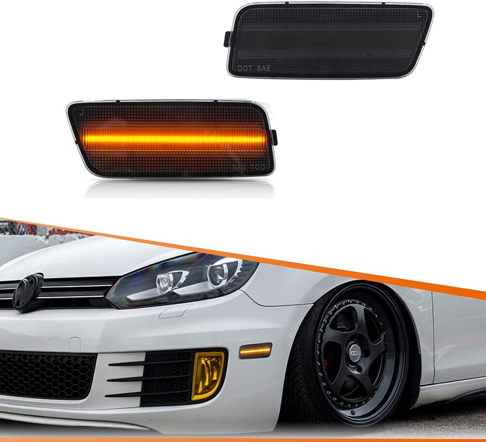 ADIIL Smoked Lens Amber Full LED Side Marker Lights Front Bumper Sidemarker Lamps Reflectors Compatible with 2010-2014 Volkswagen MK6 GTI