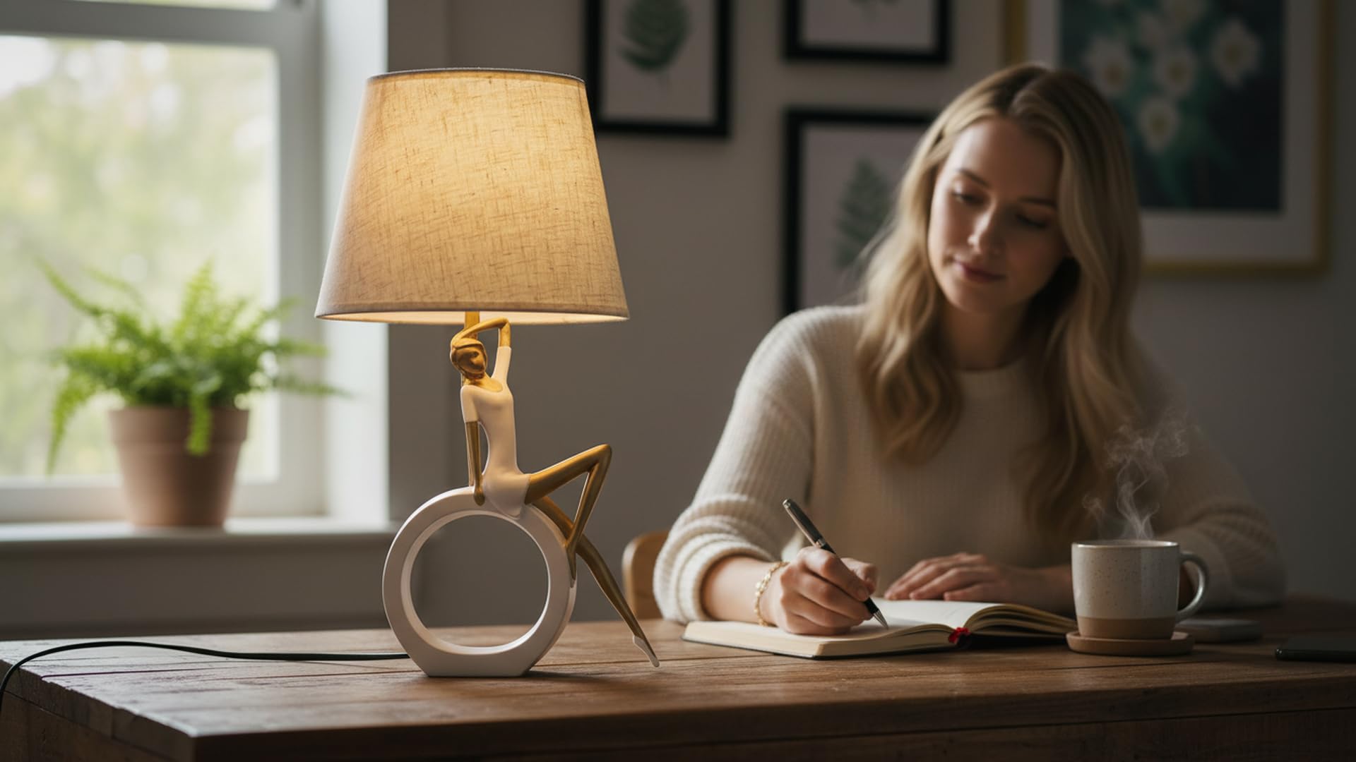 Lámpara de mesa decorativa de 48,3 cm, lámpara de noche moderna con pantalla de lino, base de resina sintética blanca y dorada, incluye fuente de luz LED