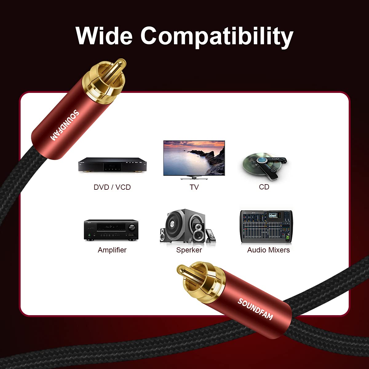 SOUNDFAM RCA Subwoofer Cable Digital Audio Coaxial Cable RCA Male to Male Audio Video Cord for Subwoofer, Home Theater, HDTV, Amplifier & More - Wine Red (M-M, 3.3 Feet/1M) : Electronics