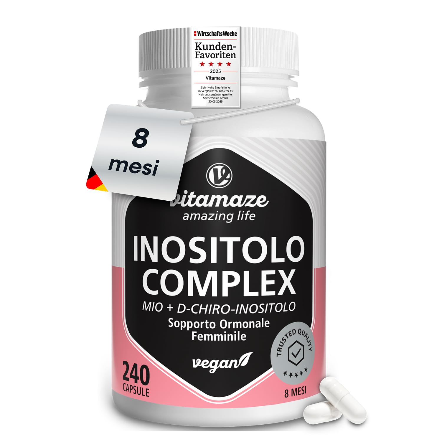 Inositolo Donna 700mg – 240 Capsule Vegane (8 mesi) - Myo e D-Chiro Inositol con Vitamina B6 Attiva, Acido Folico e Cromo – Supporto per Equilibrio Ormonale e Metabolico – Qualità Tedesca Vitamaze