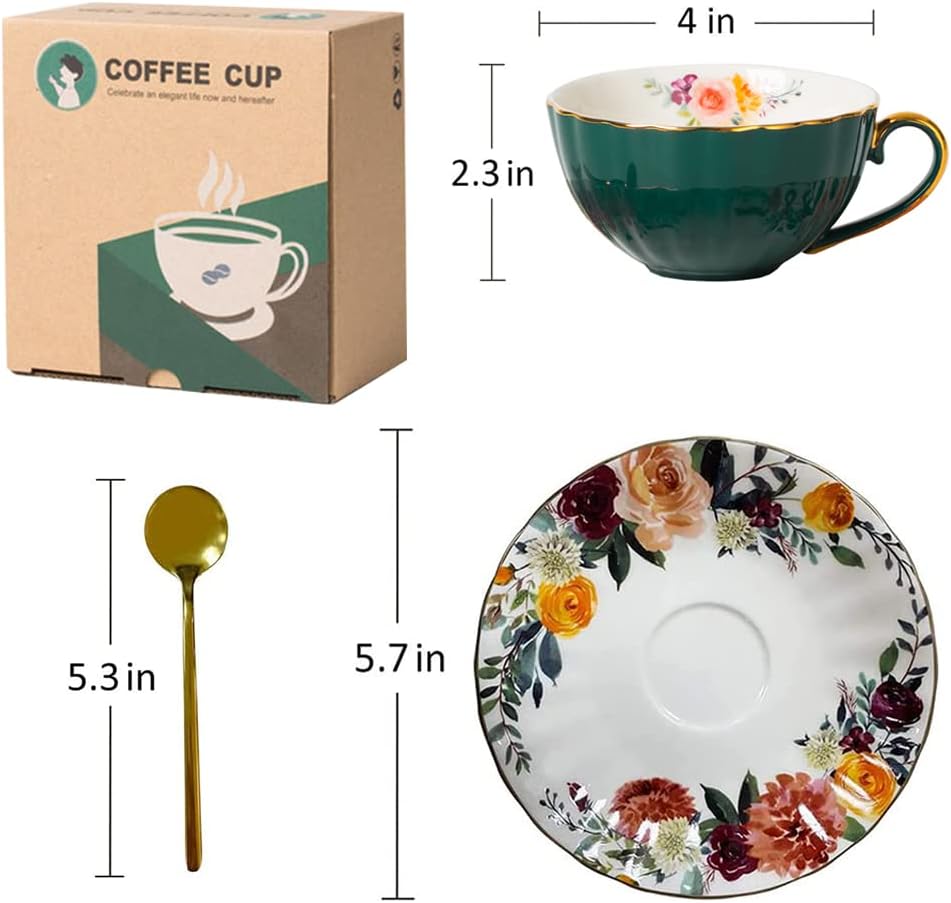 JOYOFUN Green Tea Cup and Saucer,Porcelain Coffee Cup Royal Ceramic Floral Lined Design Teacup with Gold Trim and Spoon,8 oz Vintage China Mug Cup for Latte,Cappuccino,Tea Sets Birthday Gift