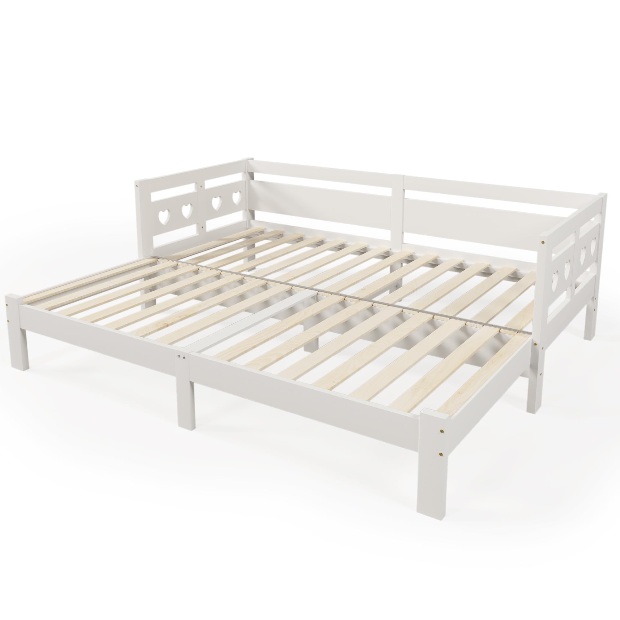 Letto allungabile, in pino massiccio, con 2° posti letto e rete a forma di cuore, bianco, letto diurno (90 x 200 cm)