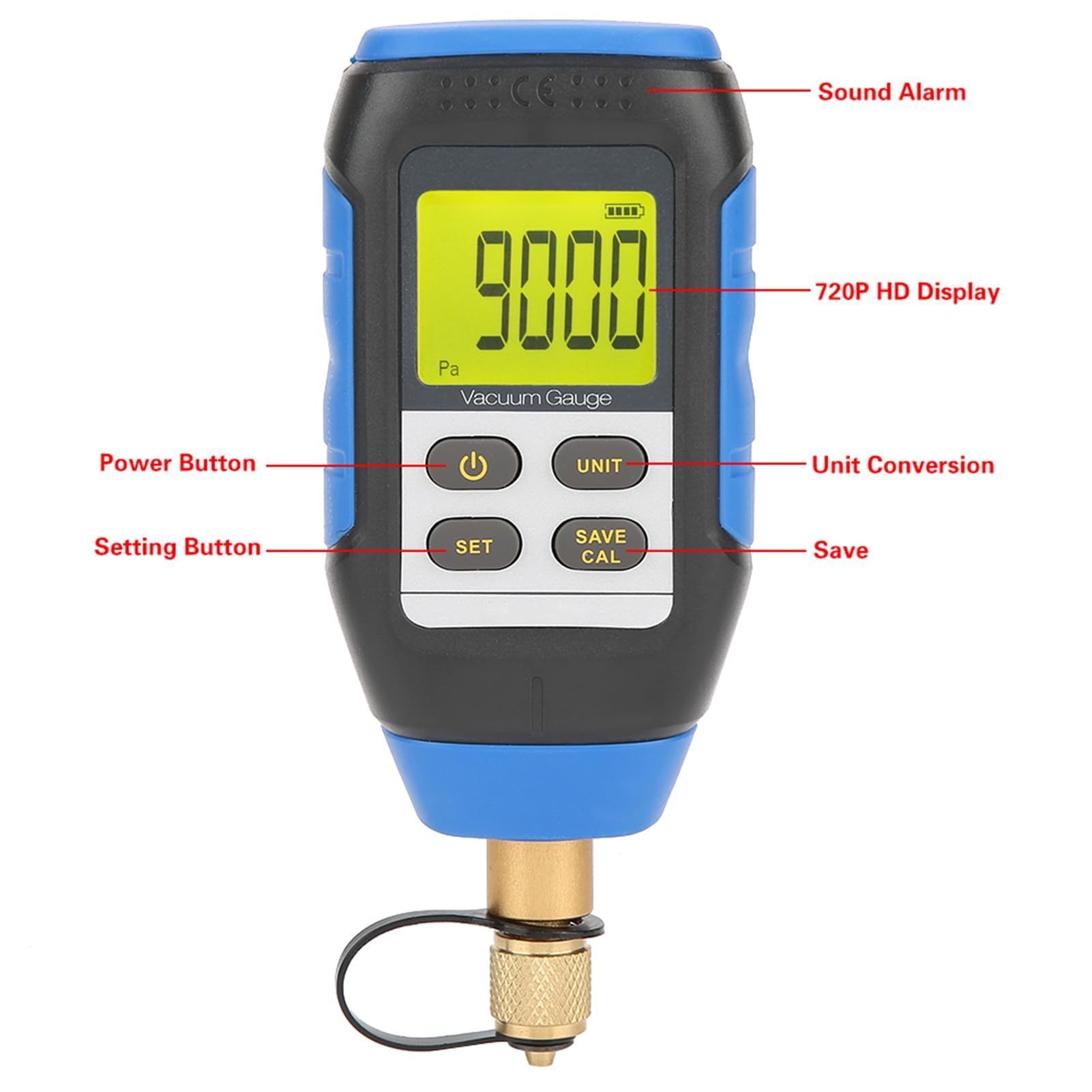Medidor de Vacío Digital VMV-1, Rango de 0 a 30.000 micras con precisión de 2%, Interfaz 7/16 a 20UNF para aplicaciones HVAC e Industriales