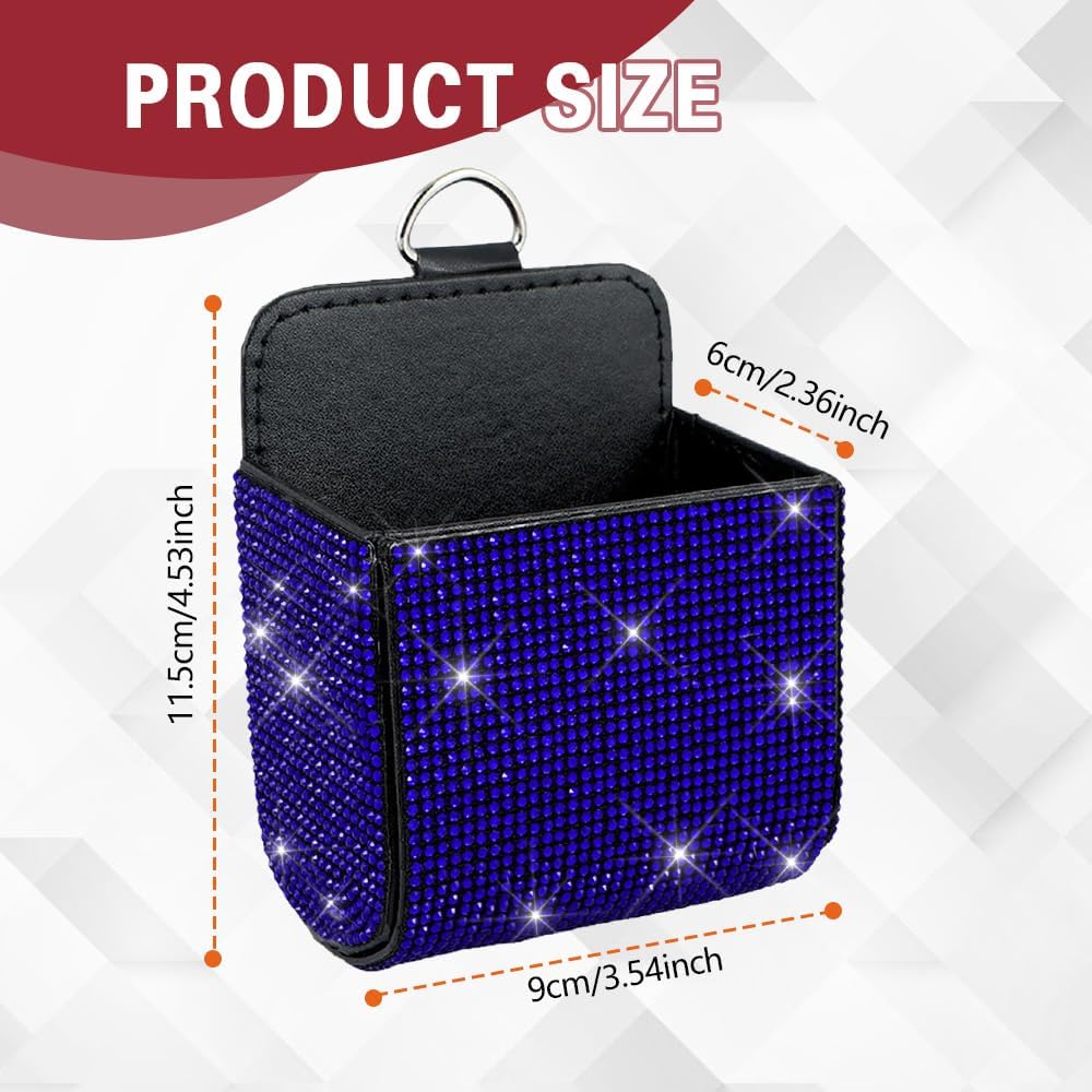 Car Vent Storage Organizer, Coin Holder for Car, Rhinestone Auto Vent Leather Pocket, Universal Car Accessories Bling Automotive Pouch Box with Hook Fit for Sunglasses, Key, Coin (Royal Blue)