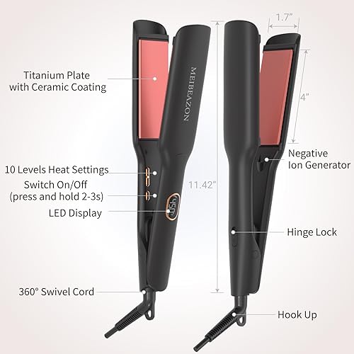 Miniatura 6 de Plancha plana para el cabello Placa de cerámica de 1.7 pulgadas de ancho con tecnología iónica negativa, control digital de temperatura y doble