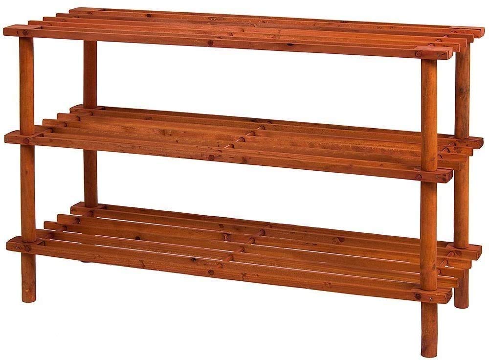 HOMION Shoe Rack Slatted Wooden Footwear Storage Stand Organiser Pine Shelf Unit DVD Books Shoes (Walnut, 3 Tier)