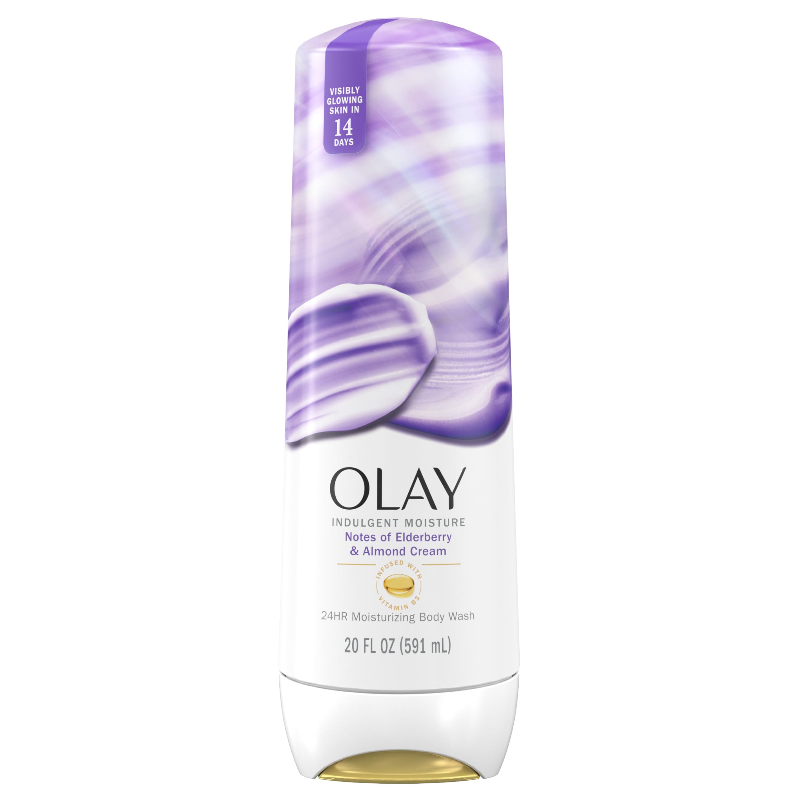 OlayBody Wash for Women, Indulgent Moisture, 24hr Moisturizing & Nourishing Formula, Infused with Vitamin B3 Complex, Luxurious Fragrances, Elderberry & Almond Cream Scent, 20 fl oz