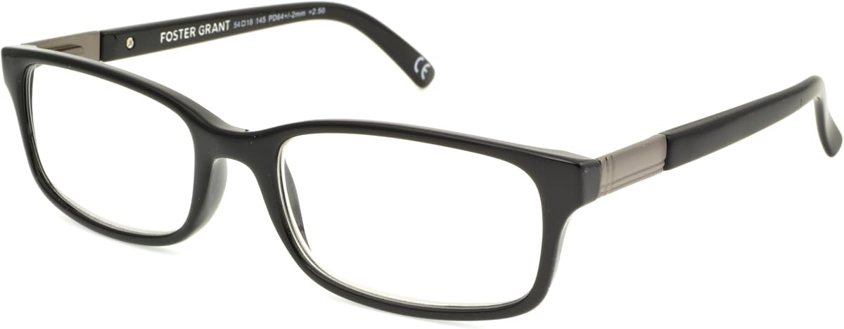 Foster Grant Men's Boston Square Reading Glasses, Black, 54mm