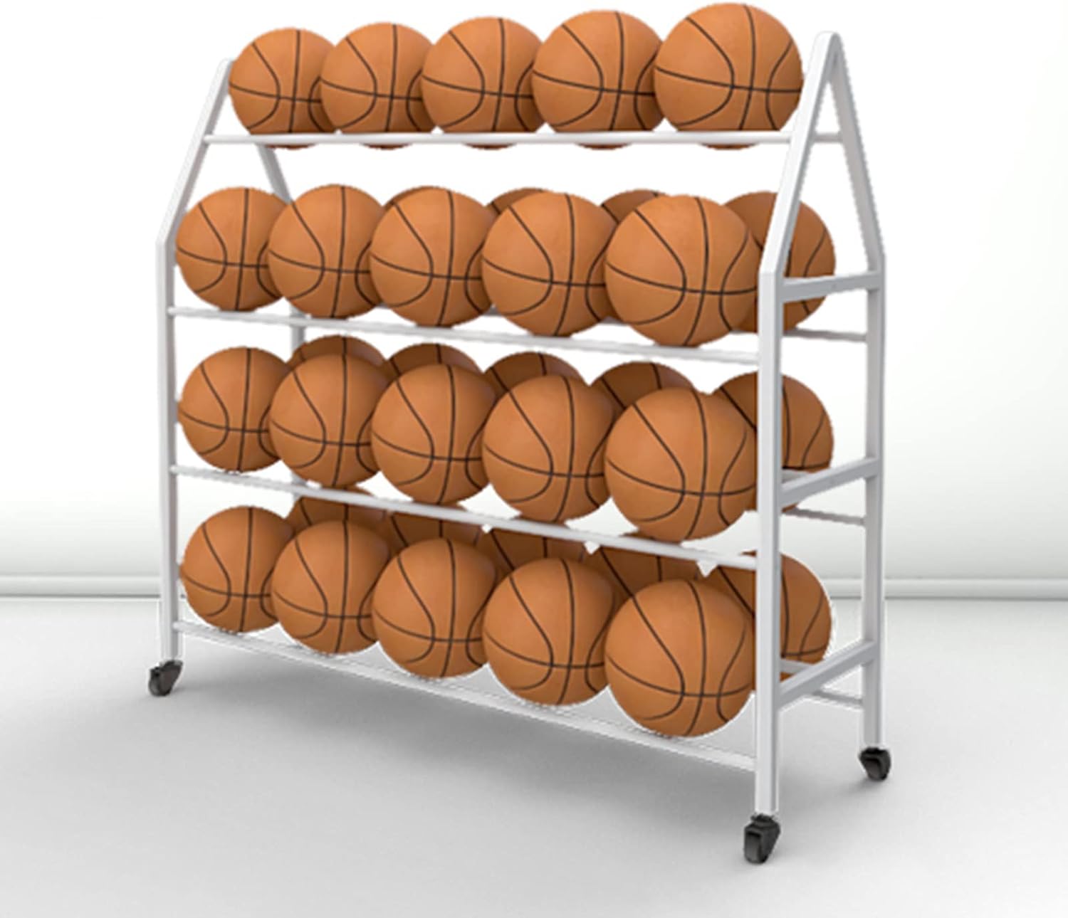Ball Storage Holder 4-Tier Balls Cart with Brake Wheel, Rolling Organizer Holder for Volleyball/Football/Basketball Display, Home/Volleyball, Powder Coated Steel (Black 140x35x112cm)