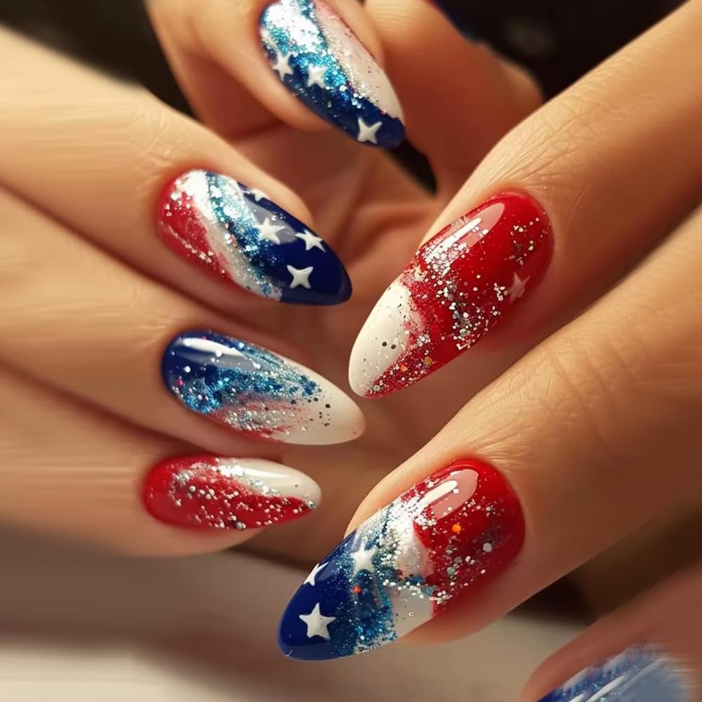 24Pcs 4th of July Press on Nails Medium Length Almond Red White Blue Fake Nails With Star Glitters Designs 4th Of July Nails Gel Glue on Nails Acrylic
