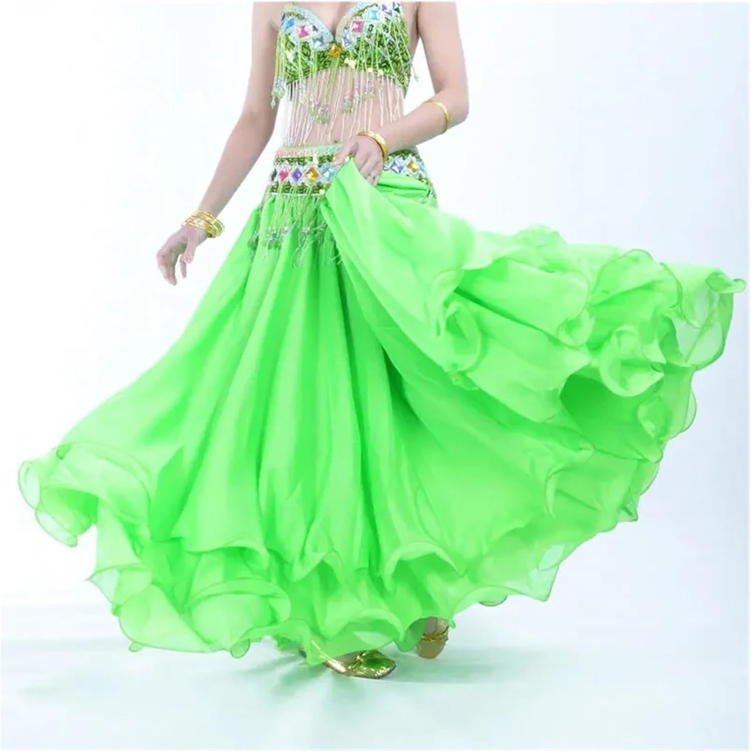Belly Dance Skirt Girls 3 Layer Chiffon White Belly Dance Skirt Long Skirt for Women(Green)