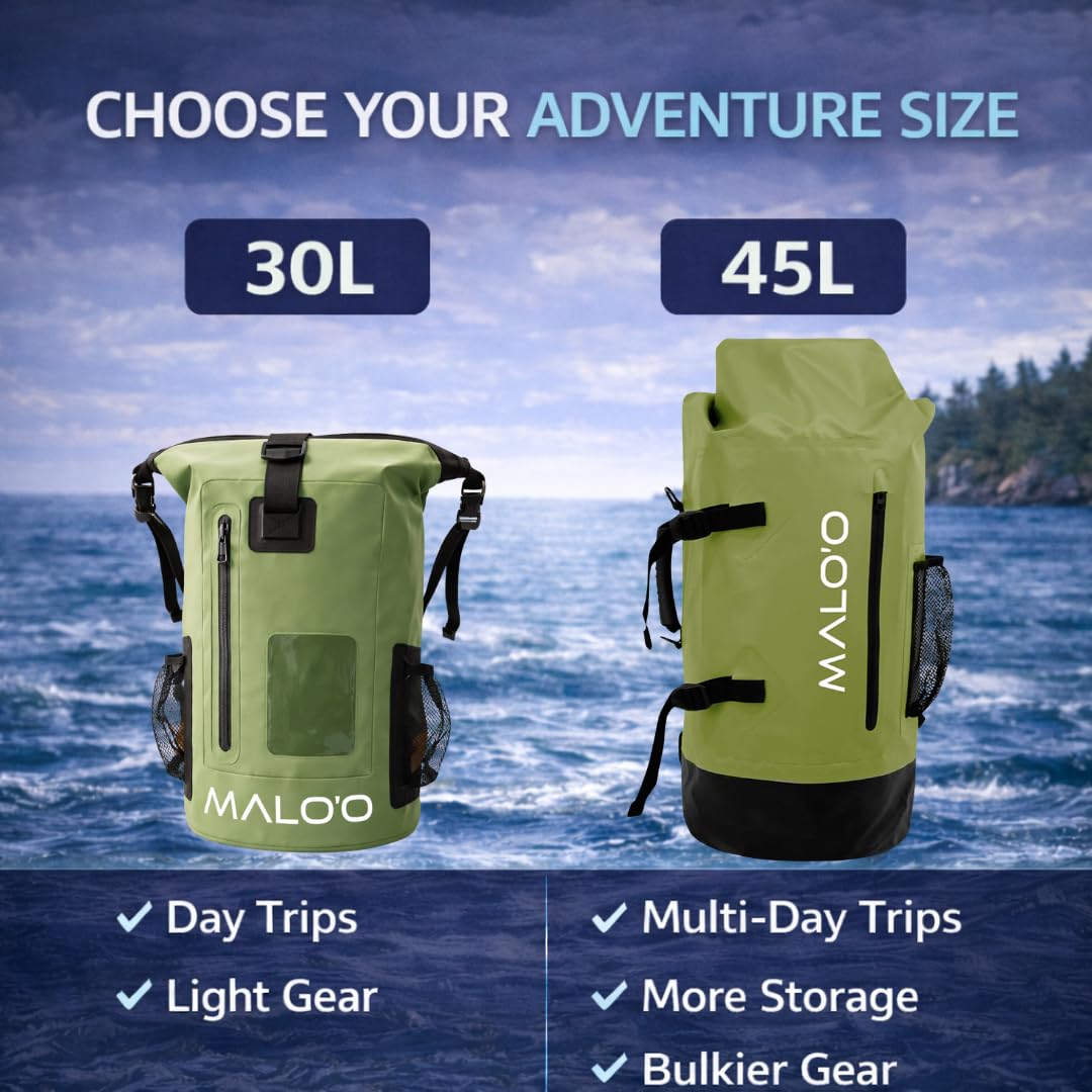 Malo'o 45L Wasserdichter robuster Rucksack für Kajakfahren, Camping, Angeln, Wandern, Tagesrucksack – Strandzubehör, Bootszubehör und Reiseausrüstung – Angelrutenkoffer, grau, 45L US, 45 l