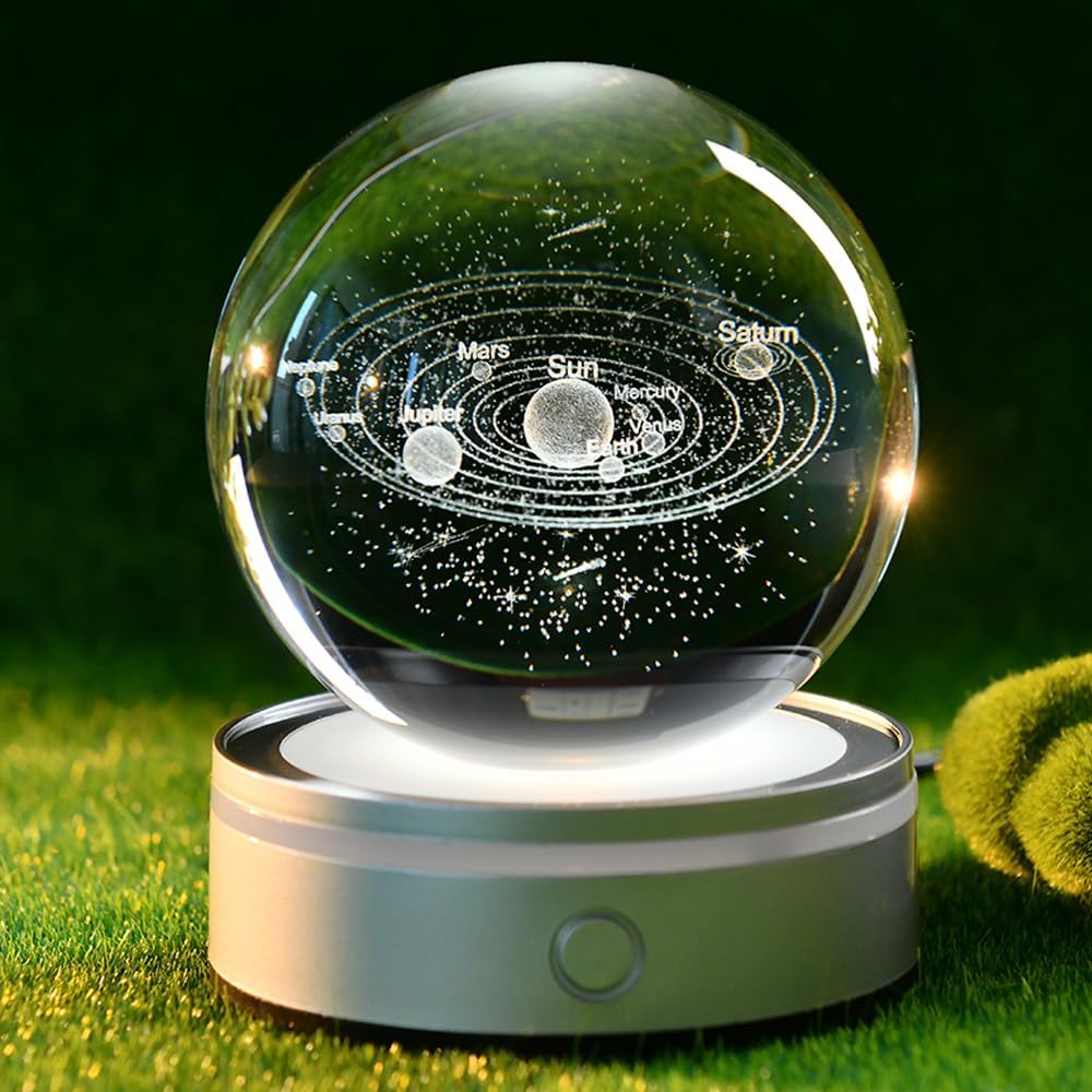 3D Solar System Crystal Ball Universe Glass Ball Space Astronomy Gift Planets Model Science Astrophysics Gifts Solar System Night Light Glass Globe Decor with 12 Colorful Modes Light Base