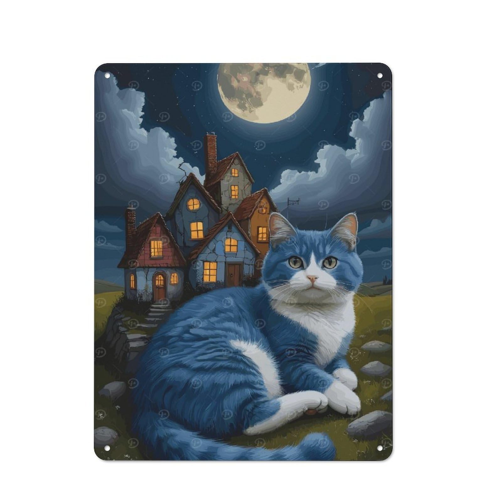 Shed Metal Sign with Blue Cat And Whimsical Houses Design 40x30cm, Outdoor Room Shed Wall Decor for Greenhouse, Garden Room, Cafe Or Entryway