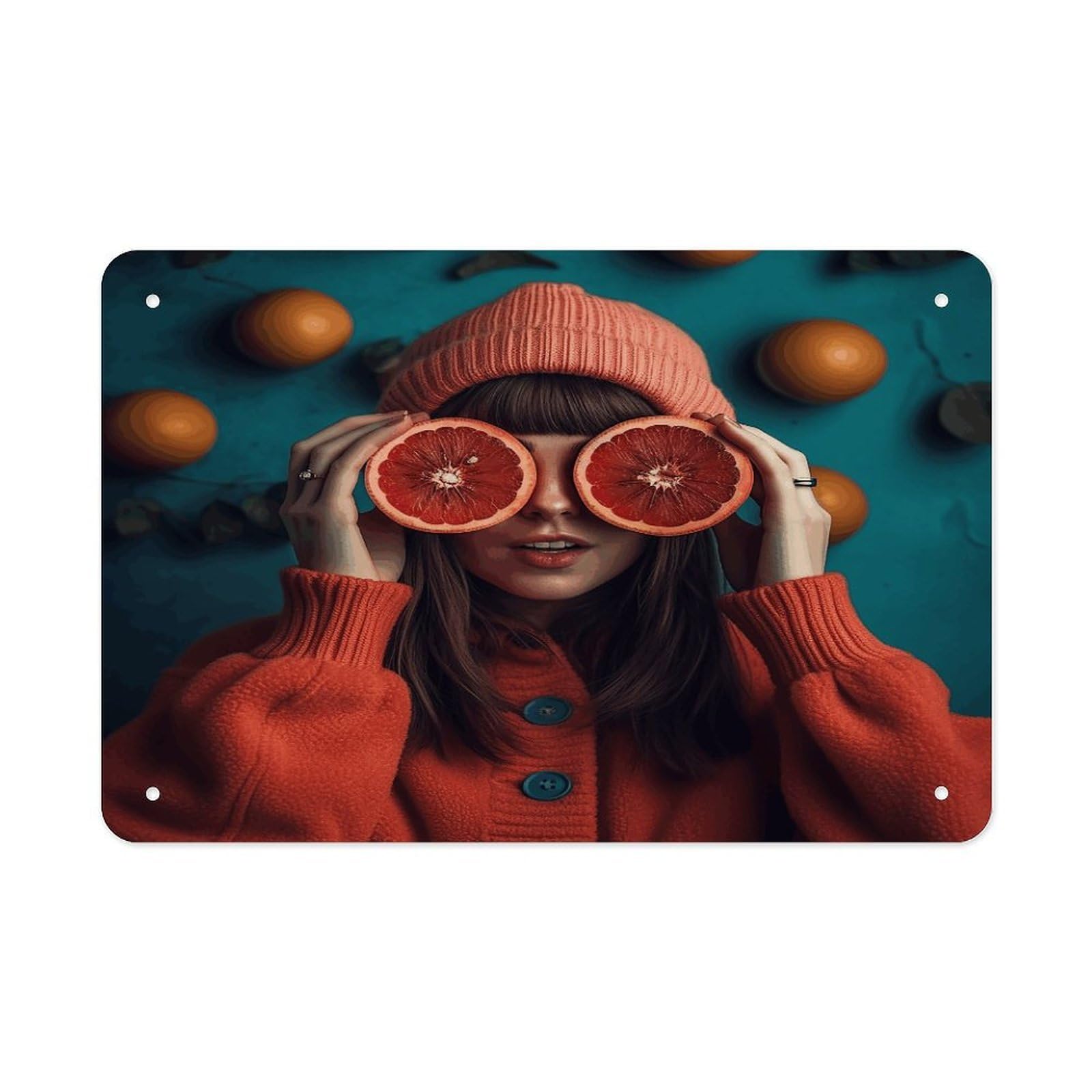Fekiloot Style Grapefruit Covering Eyes Metal Signs Wall Art Tin Sign
