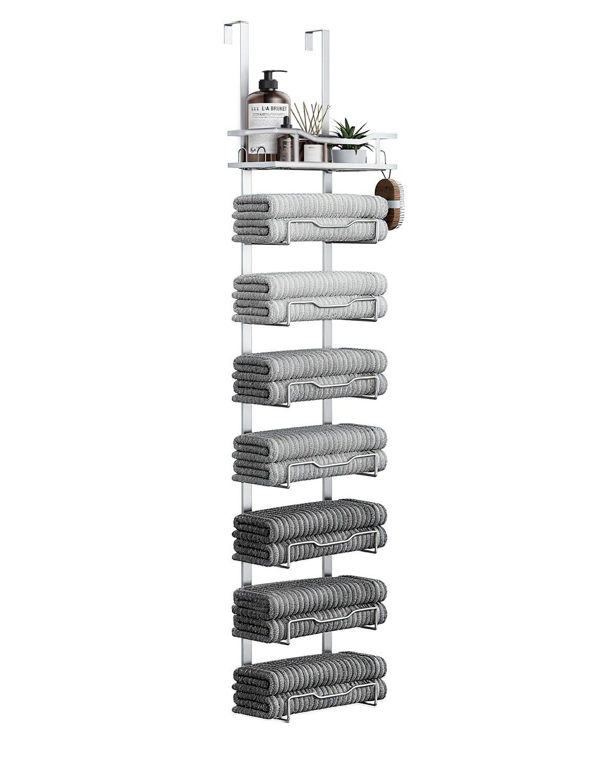Hanging Towel Racks for Bathroom No Drill - Over The Door 8-Tier Bath Towel Storage Organizer for Small Bathrooms - Back Door Large Tiered Towel Holder Hanger for Rolled Towels RV Camper Silver