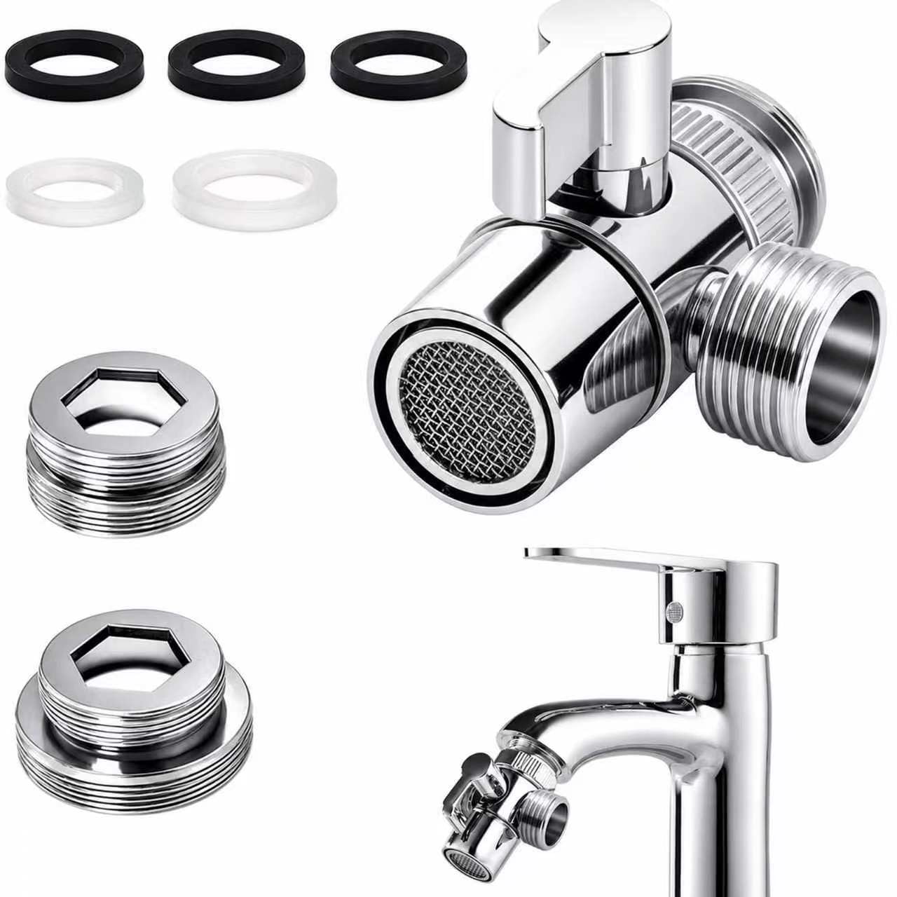 3 Way Shower Diverter Valve Sink Faucet Splitter,Solid Brass Shower Tap Attachment for Bath,3 Way Diverter Valve for Kitchen Sink with M22-M24/M28 G1/2 Adapters