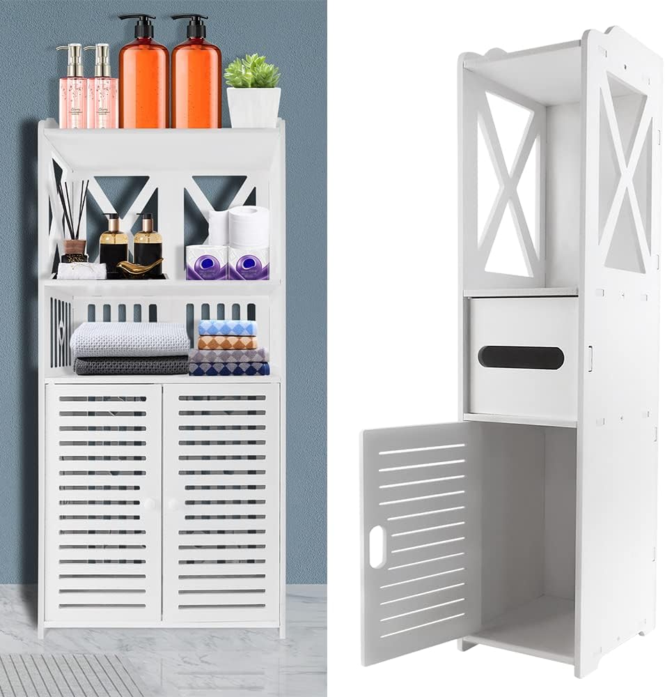 Bathroom Slim Tall Toilet Storage Cupboard, White Waterproof