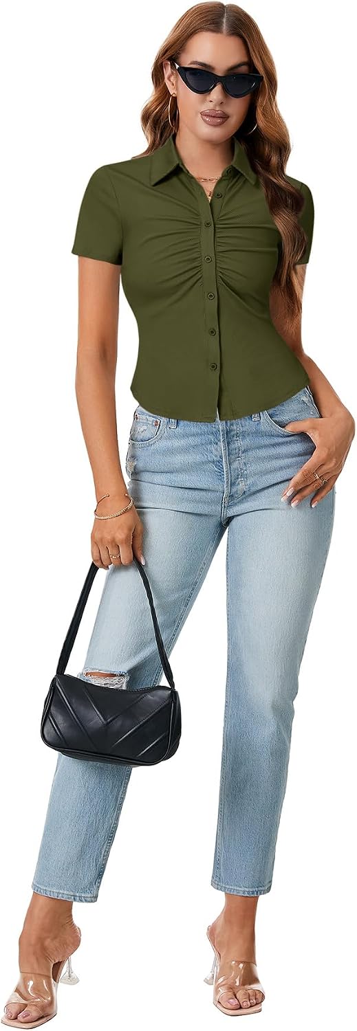 LYANER Women's Collar V Neck Button Slim Fitted Blouse Ribbed Knit Short Sleeve Shirt Going Out Top