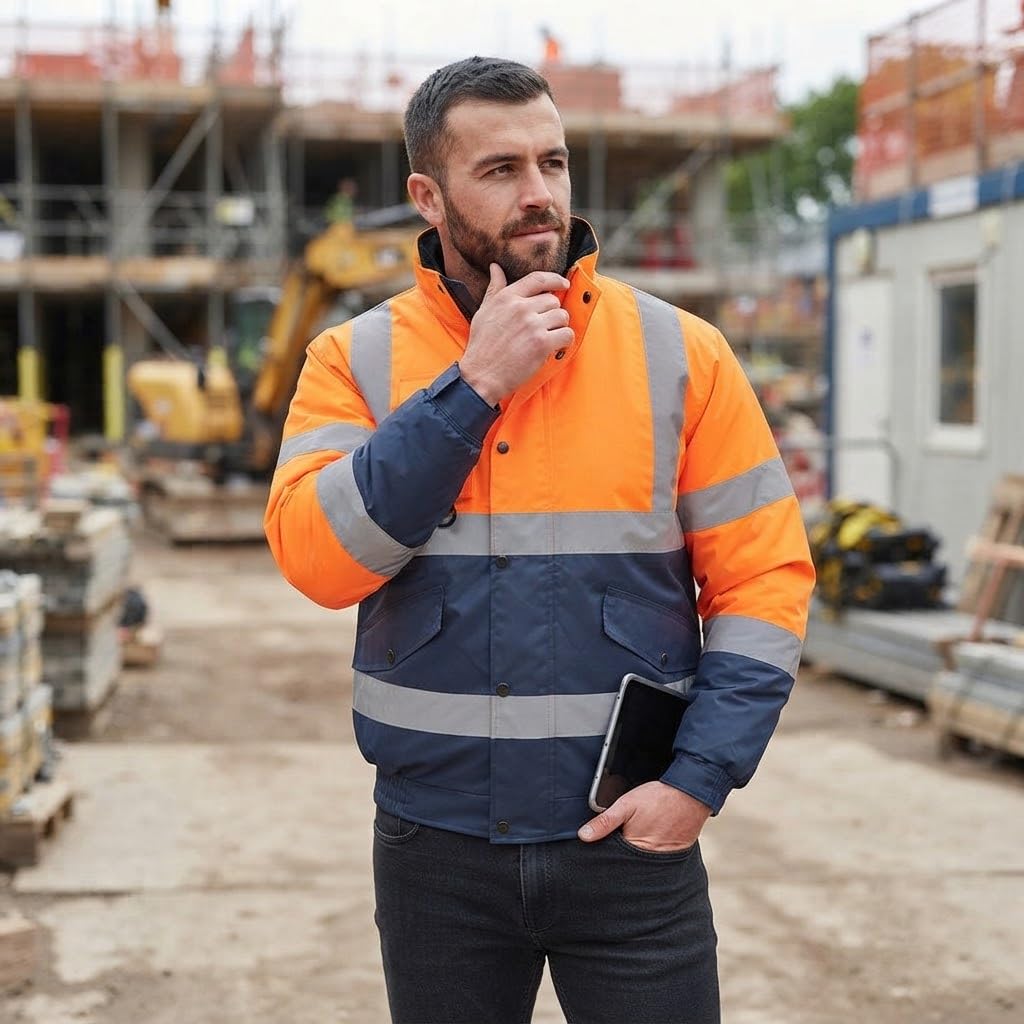FASHIONISM Bomber da uomo a maniche lunghe ad alta visibilità per adulti, due tonalità, multi tasca, resistente, con cappuccio e colletto in pile, ad alta visibilità, da lavoro