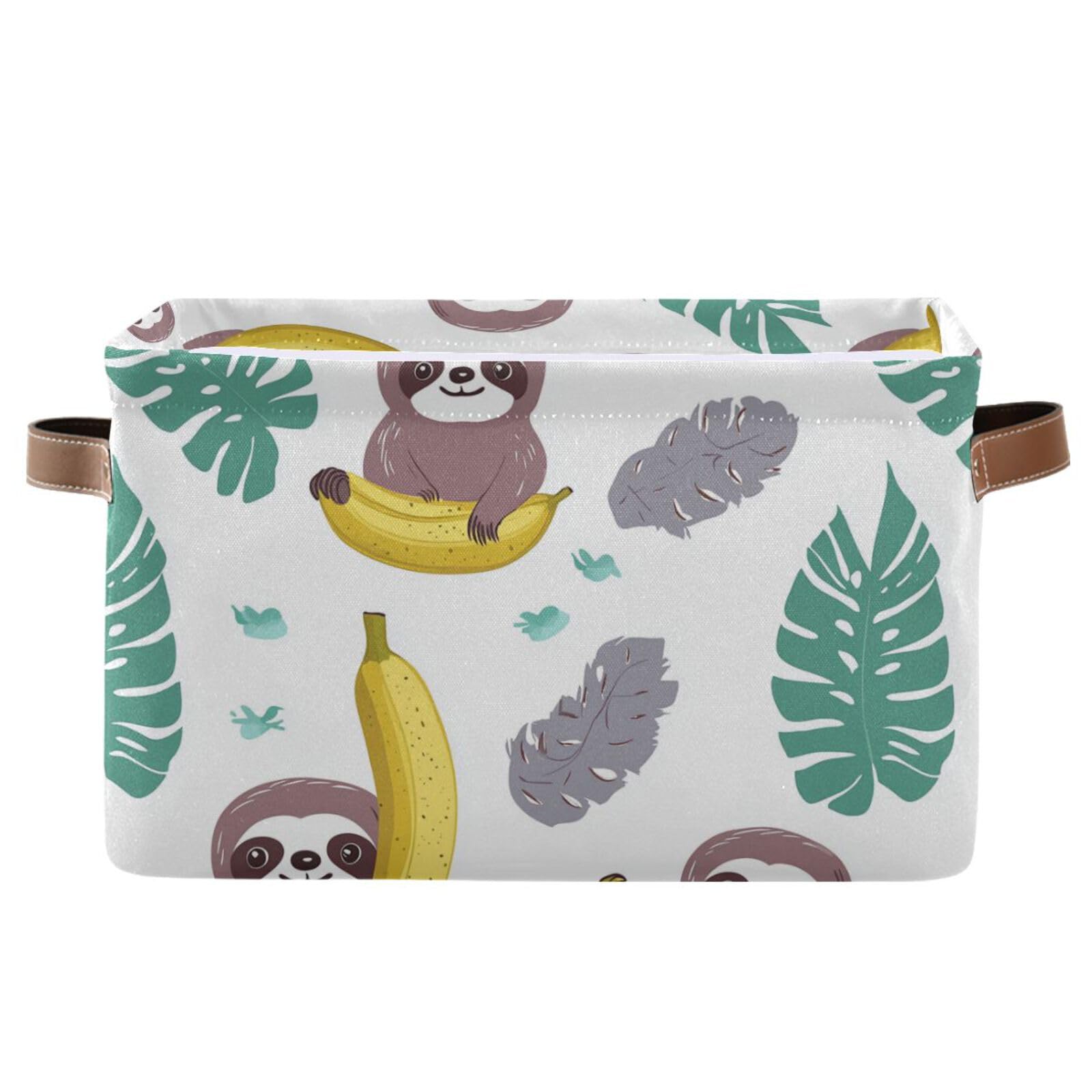 Wusikd Cute Sloths Storage Basket Set of 1 Large Fabric Banana Leaves Storage Baskets Bins Box Cube with Handles Collapsible Closet Shelf Clothes Organizer Basket for Nursery Bedroom