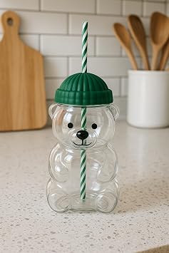 Bear Glass Mug with Beanie, 20oz Cold Coffee Cup Green Straw Hot or Cold Borosilicate Glass 600ml Tumbler Mug, Holds Temperatures up to 500 Degrees,