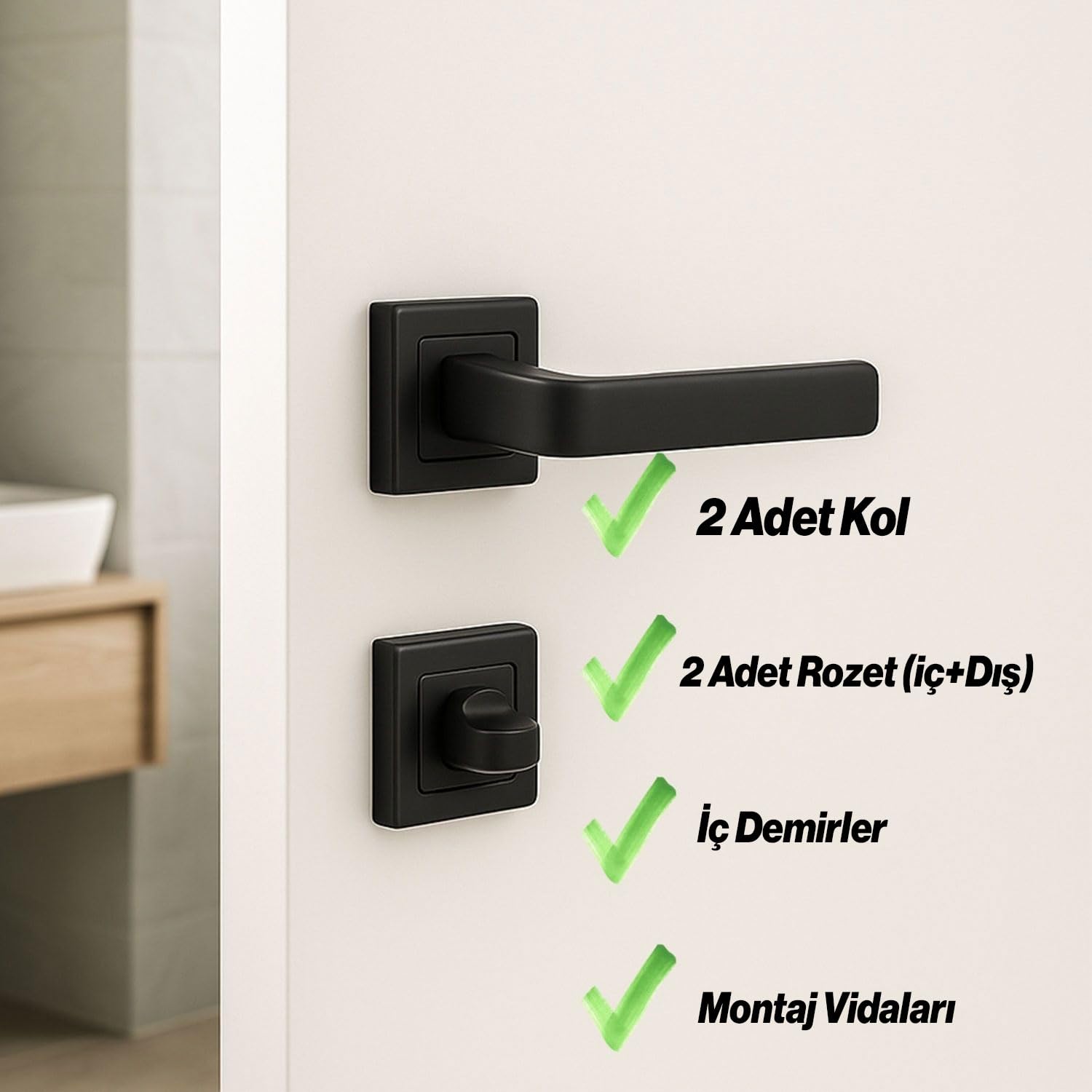 Akdam WC Banyo Kapı Kolu Seti Siyah Modern İçten Kilitlemeli Sessiz Mekanizma Uyumlu Şık Kulp Takımı