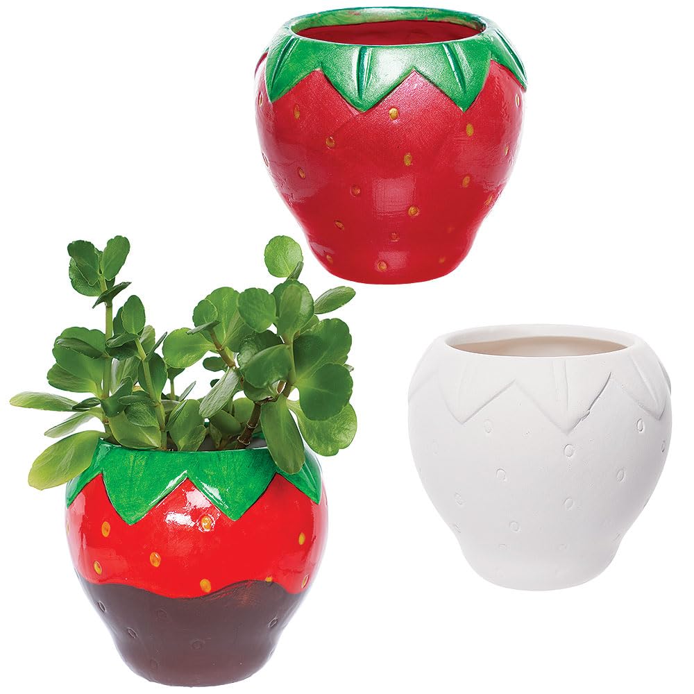 Baker Ross VC121 Strawberry Ceramic Flowerpots - Pack of 2, Paint-Your-Own Strawberry Plant Pots
