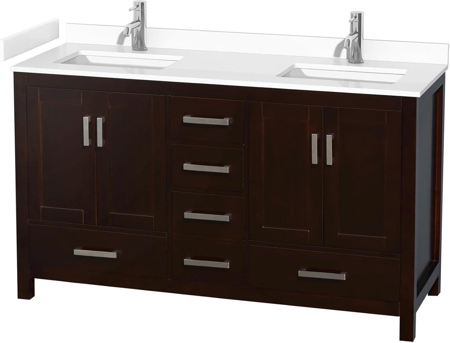 Sheffield 60 Inch Double Bathroom Vanity in Espresso, White Cultured Marble Countertop, Undermount Square Sinks, No Mirror