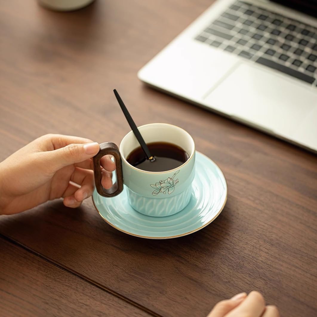Magnolia ceramiczna filiżanka do kawy 150 ml pudełko prezentowe nowy chiński styl drewniany uchwyt wyciągany kubek na kwiaty, spodek i łyżka zestaw na prezent
