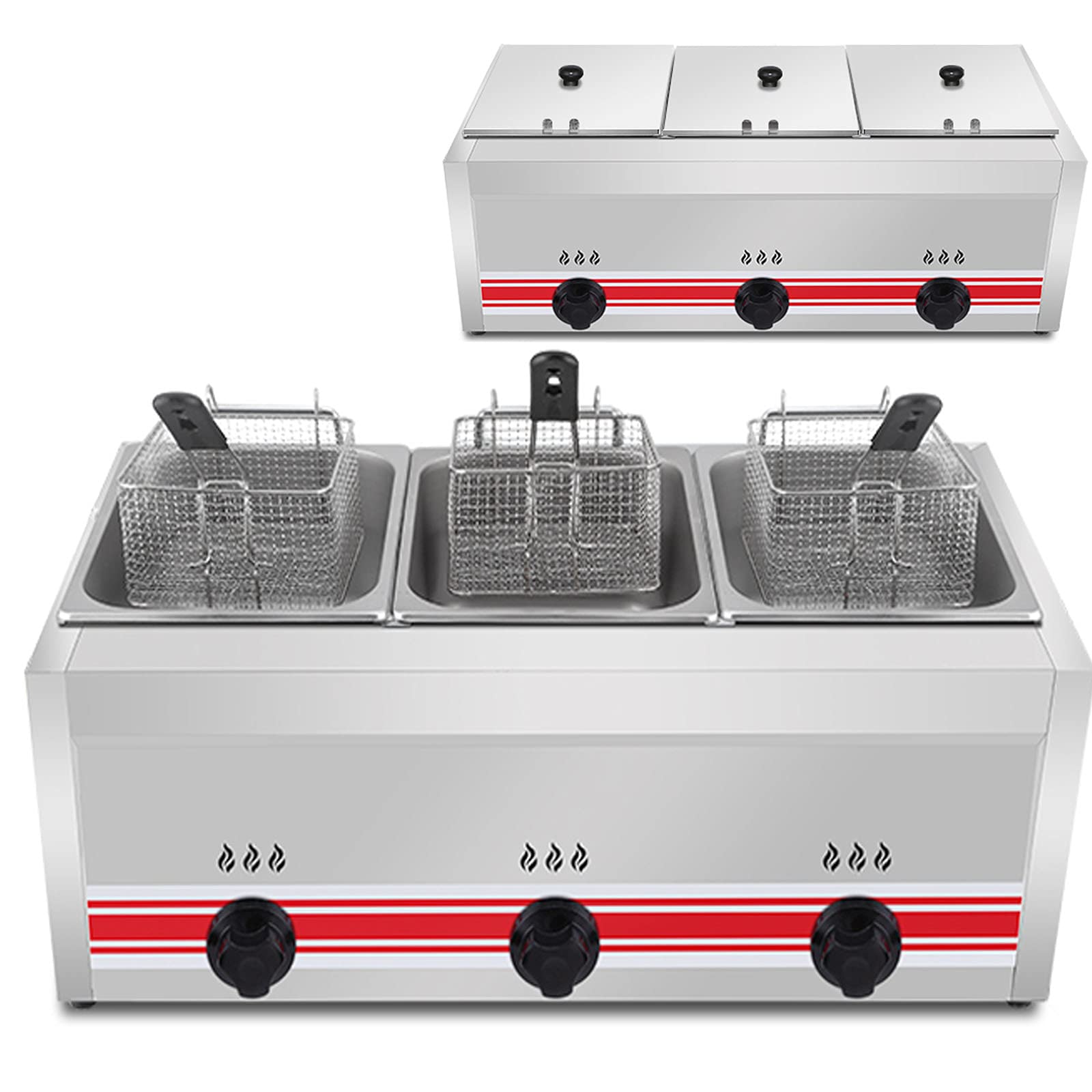 Friggitrice a Gas di Grande capacità con cestelli e Coperchio Rimovibili 20L/30L Controllo della Temperatura da Terra Potenza di Fuoco Regolabile Acciaio Inossidabile