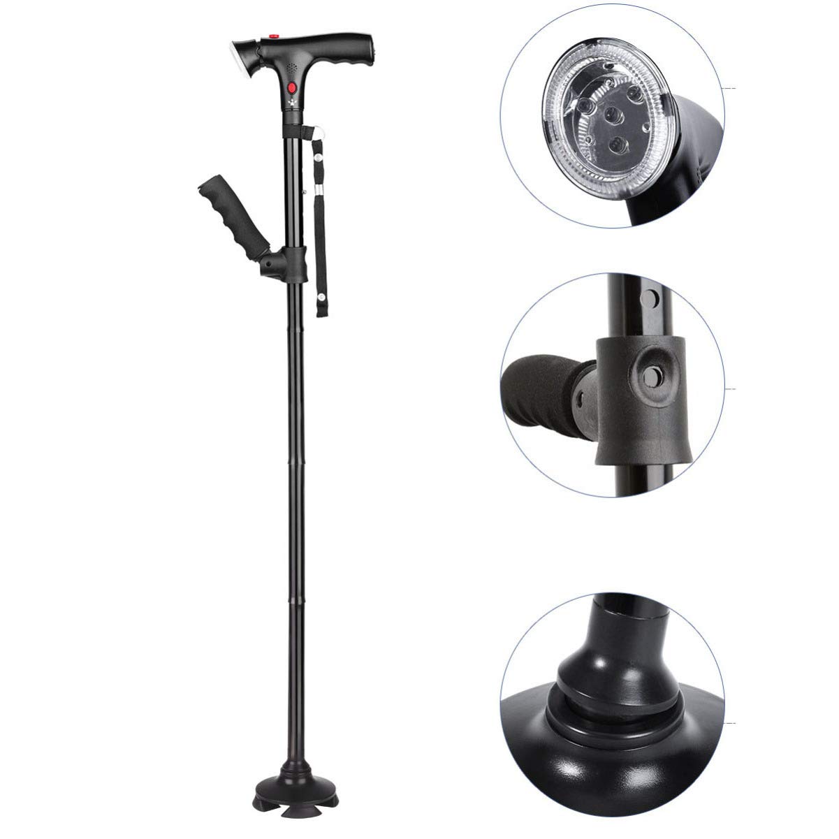 HEMOTON Bastón Plegable Telescópico con Luz Led Ajustable Y Alarma Base Antideslizante De 4 Pies Giratoria 360° Apoyabrazos para Mayor Seguridad En Movilidad