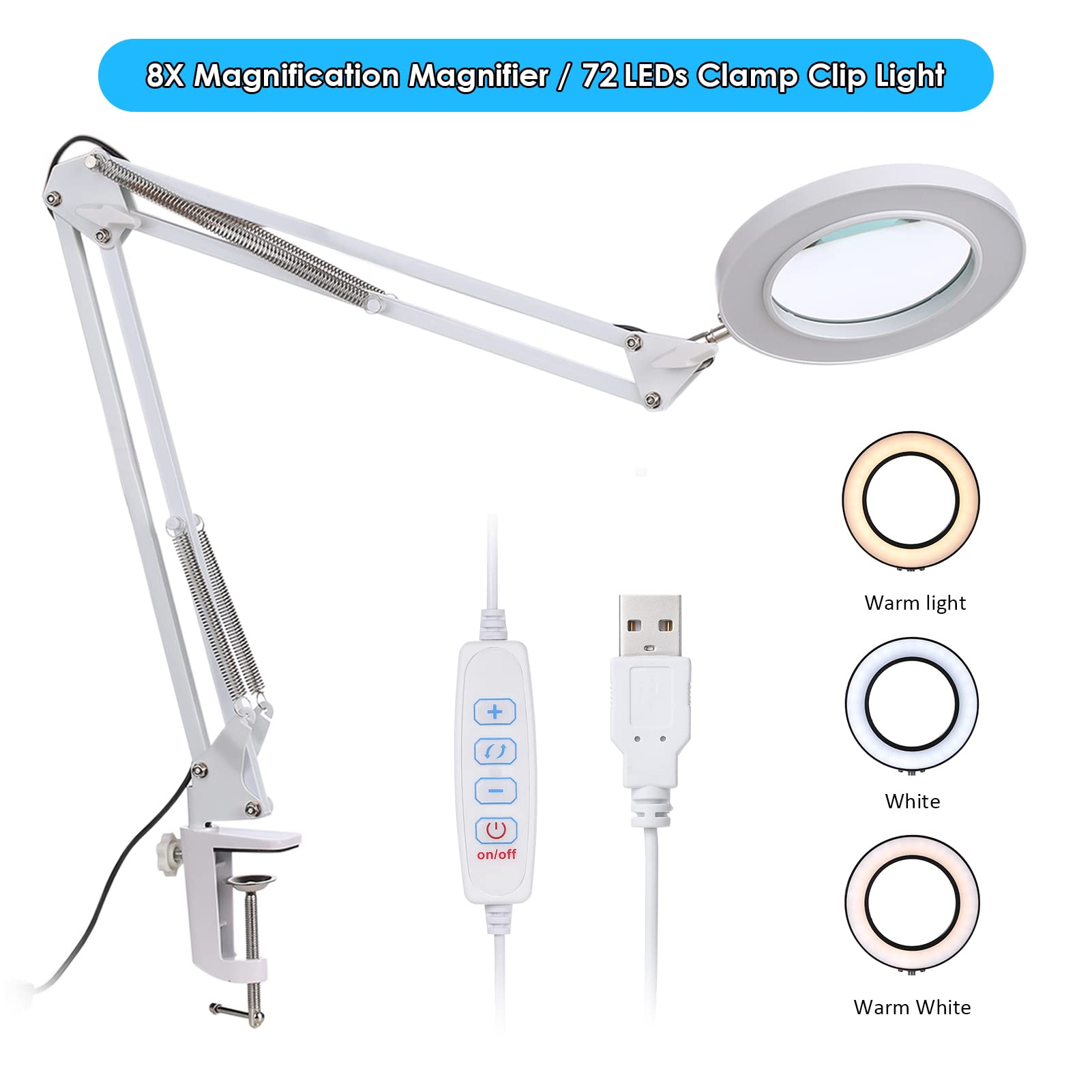 Kavolet powiększająca LED, biurkowa USB, 8 x powiększenie, 10 poziomów regulowanej jasności, 3 kolory, zmiana temperatury, ze składanym uchwytem i zaciskiem, obrotowy kąt świecenia biały