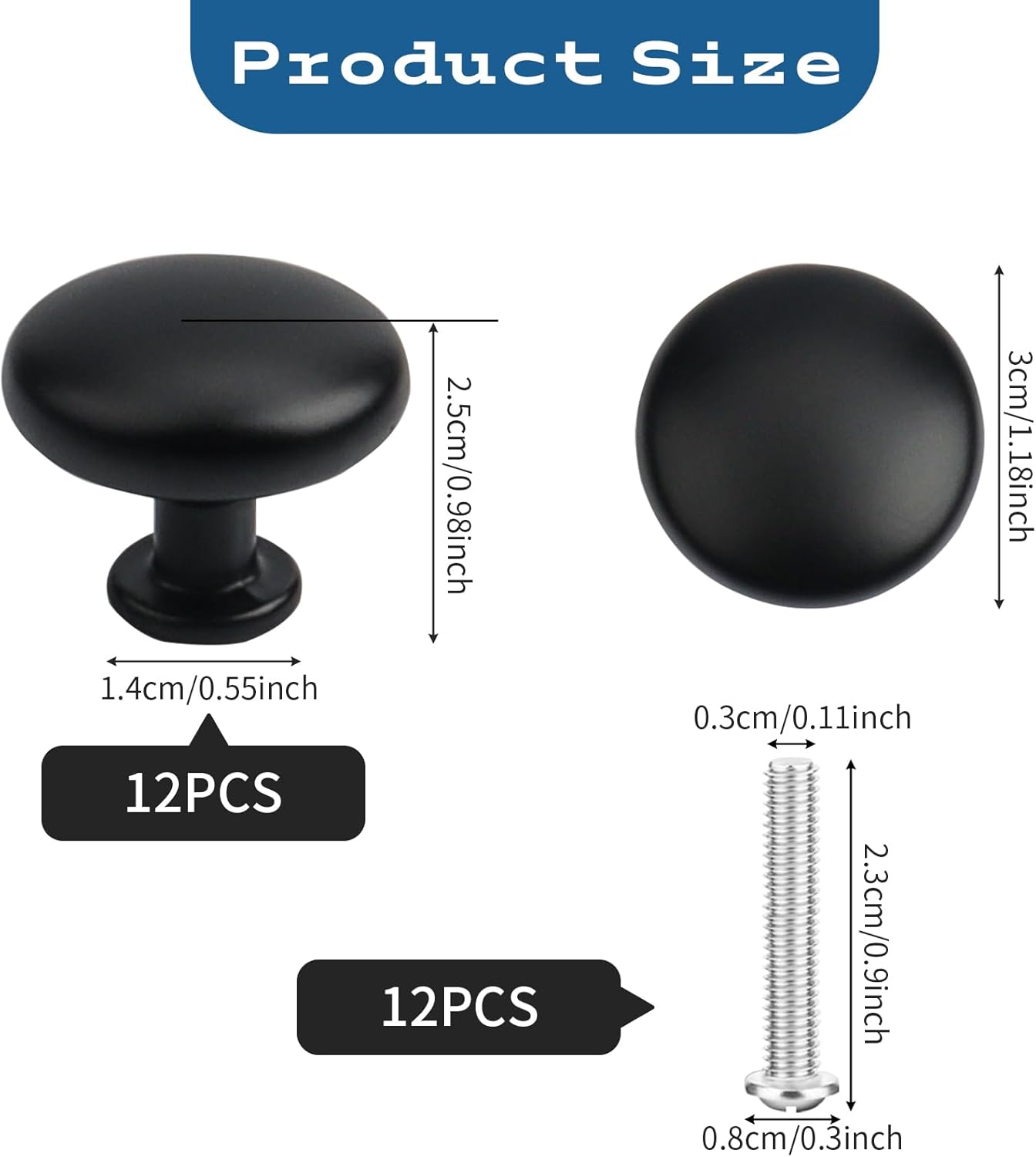 12Pack Cupboard Knobs Black Door Knobs Black Cabinet Knobs Kitchen Door Knobs Round Draw Knobs Cupboard Door Handles (Round Shape, Black)