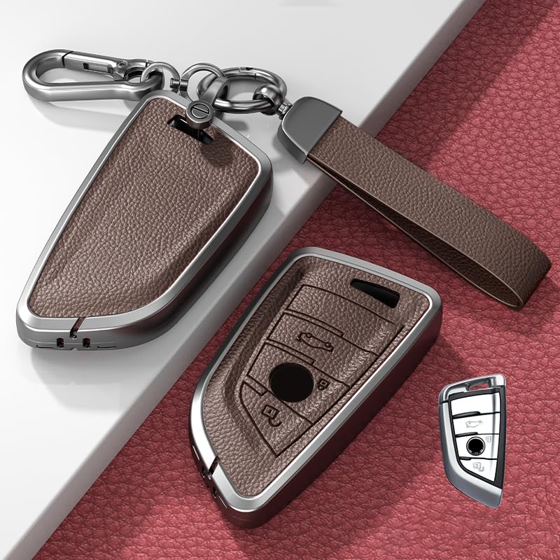Image of Car Key Fob Shell Cover Compatible with BMW | for 2 3 5 6 7 8 Series X1 X2 X3 X4 X5 X6 X7 Z4,Metal Case Protection with Premium Leather(Dark Brown)