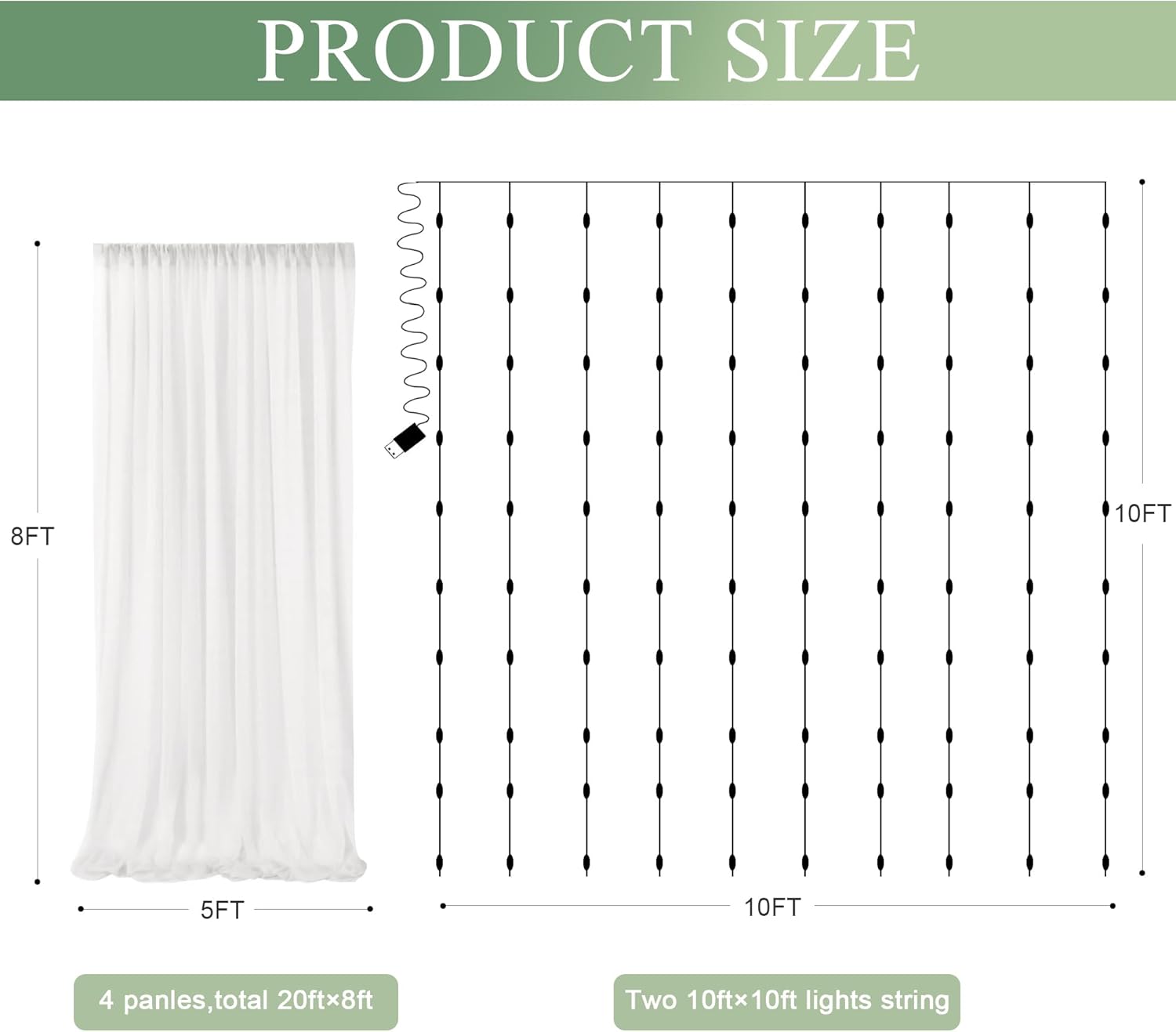 Xiomot Tulle Backdrop Curtain with Lights String 20 X 8FT Ivory Sheer Tulle Backdrop Curtains for Wedding Birthday Party Reception Photo Booth Background Decorations (4 Panels 5x8FT) 20ft(W) X 8ft(H) (4 Panels 5ft X 8ft) Ivory