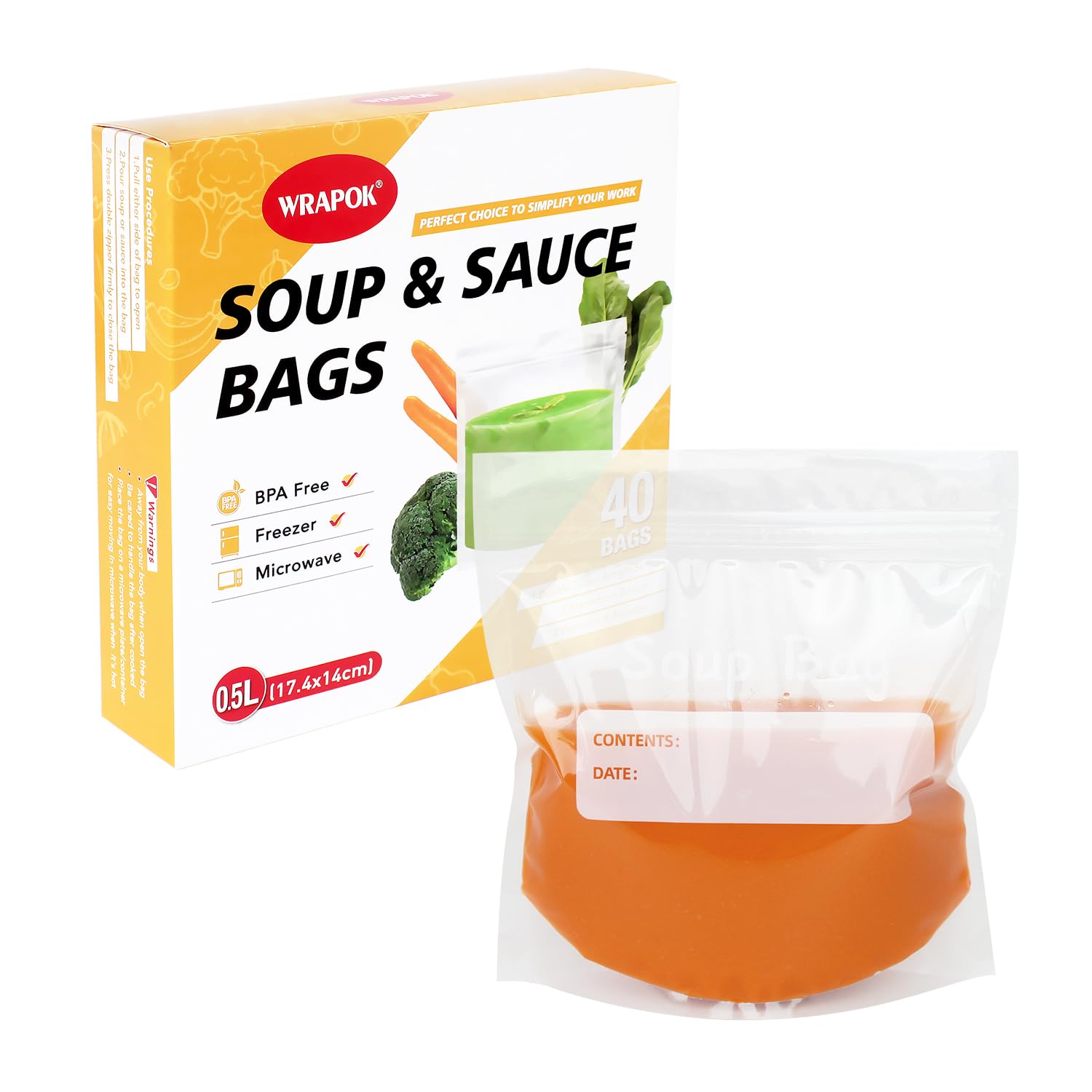 WRAPOK Soup Freezer Bags Reusable Liquid Storage Bag Ziplock Sauce Container Clear Sealed Bag, 500ml - Pack of 40