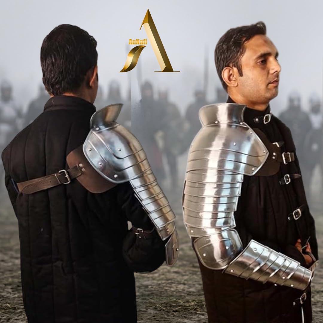 AnNafi® Medieval Single Pauldron Spartacus Cosplay Metal Roman Knight Sleeve Shoulder Arm Armor Gladiator LARP Silver |Full Hand & Arm Sleeve Armour Single Arm Costume for Adult Men Halloween Outfit